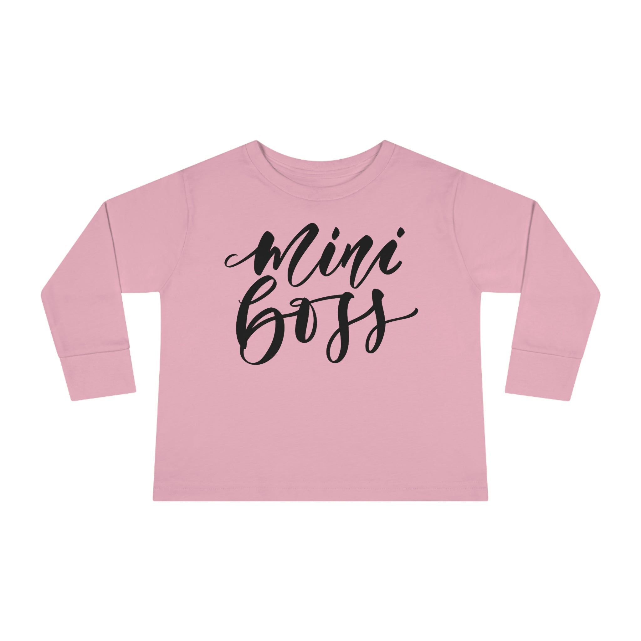 Long Sleeve Graphic T-Shirt for Toddlers in black featuring a Mini Boss print, made from soft cotton for comfort.
