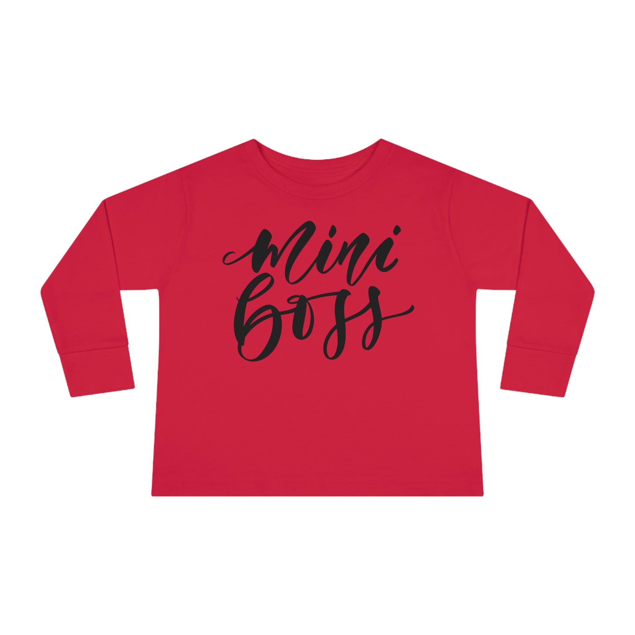 Long Sleeve Graphic T-Shirt for Toddlers in black featuring a Mini Boss print, made from soft cotton for comfort.