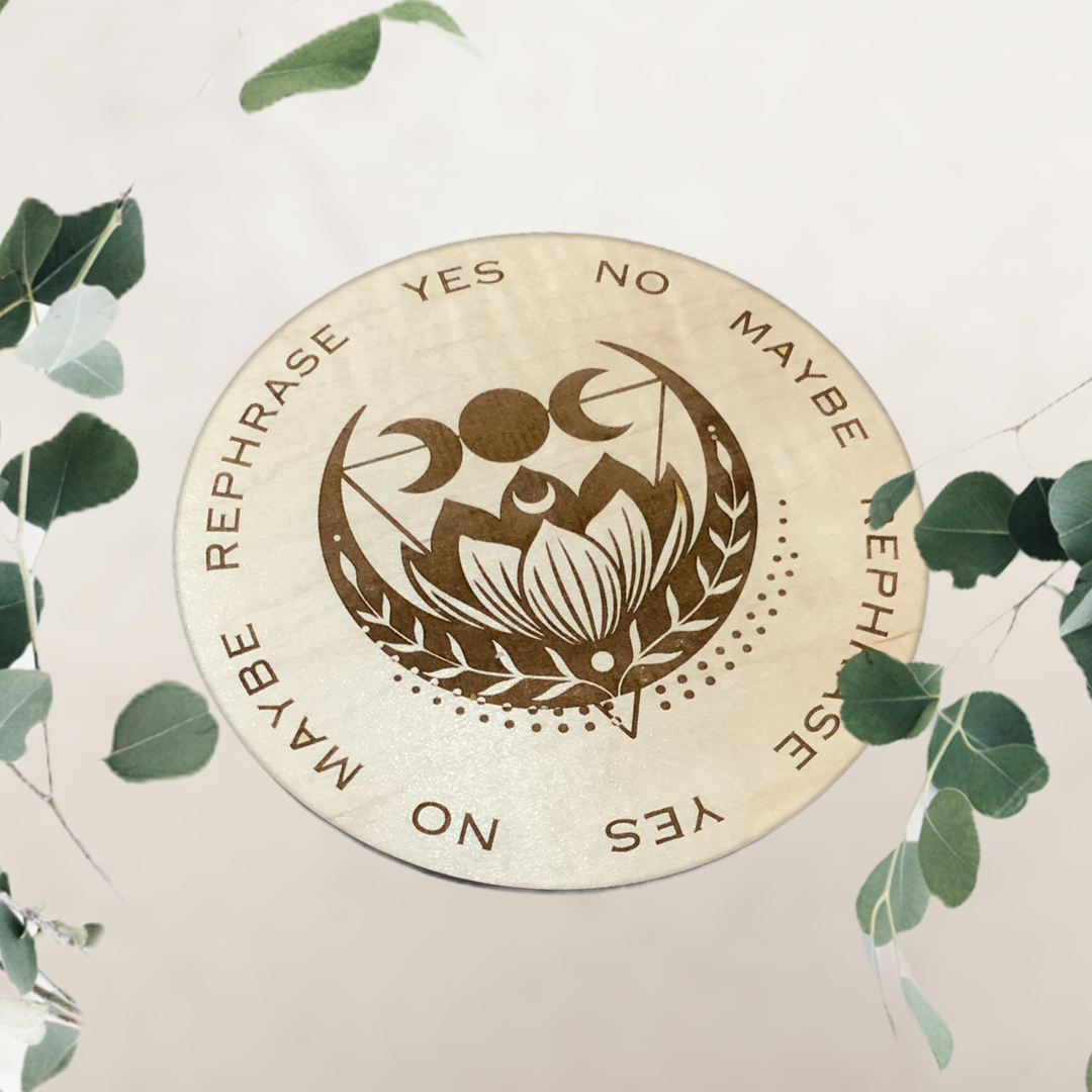 Lotus Moon Cycle Pendulum Board made of maple wood, featuring intricate designs for intuitive guidance.