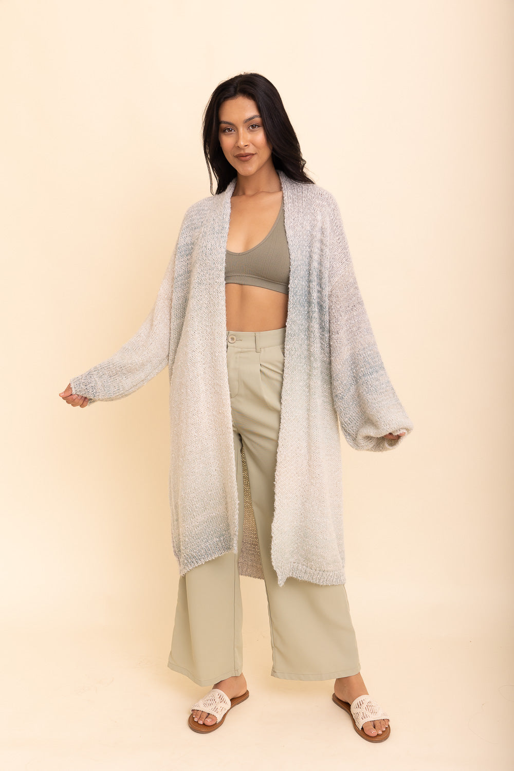 Lounge Around Longline Ombre Cardigan in three stylish shades, showcasing its soft fabric and longline design.