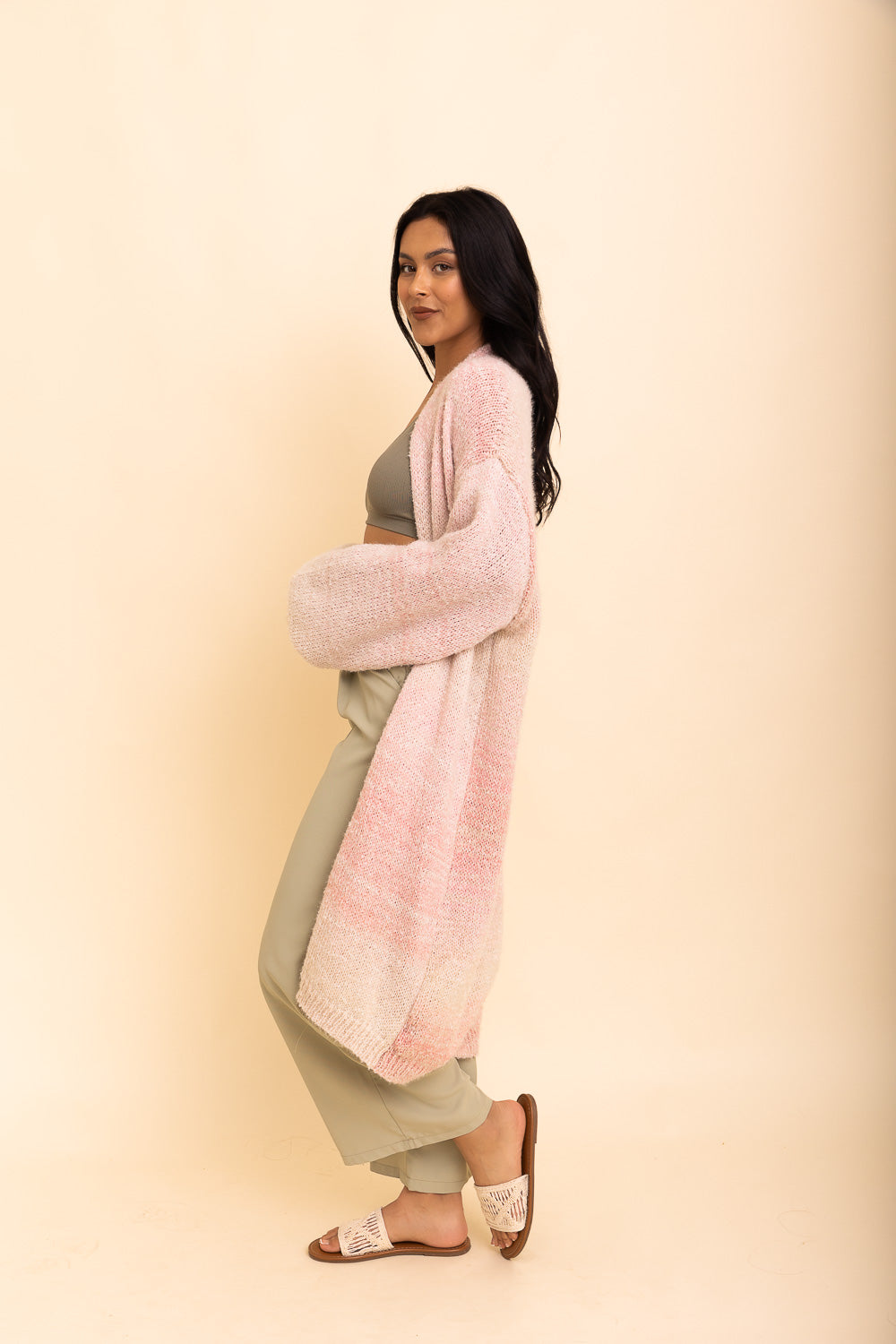 Lounge Around Longline Ombre Cardigan in three stylish shades, showcasing its soft fabric and longline design.