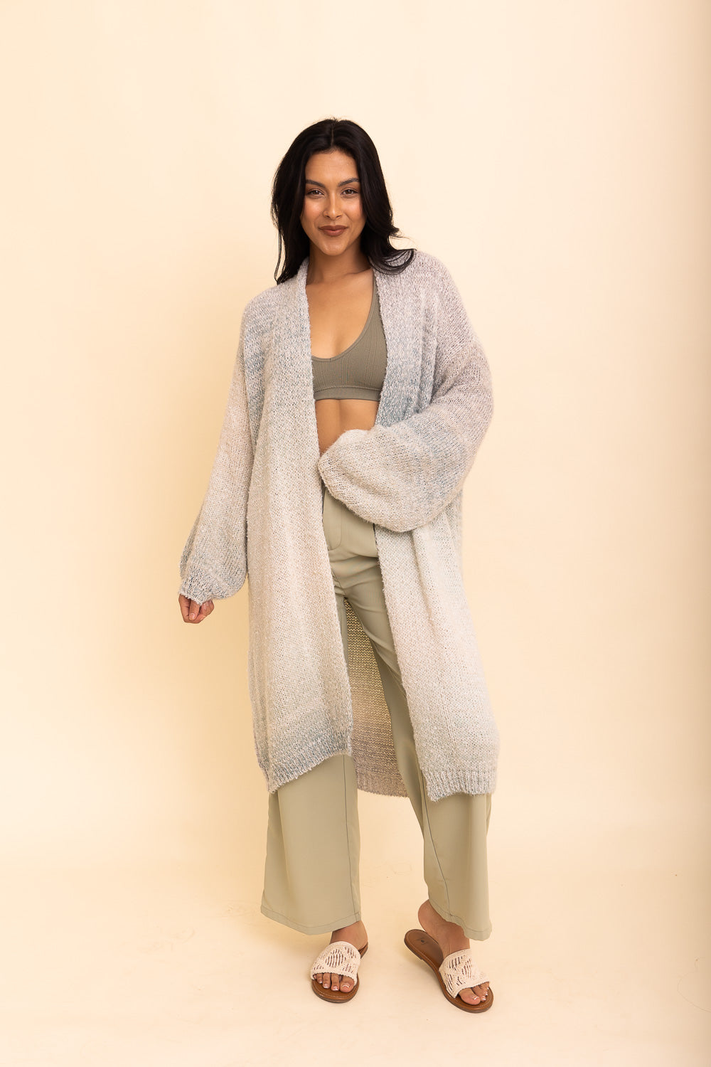 Lounge Around Longline Ombre Cardigan in three stylish shades, showcasing its soft fabric and longline design.