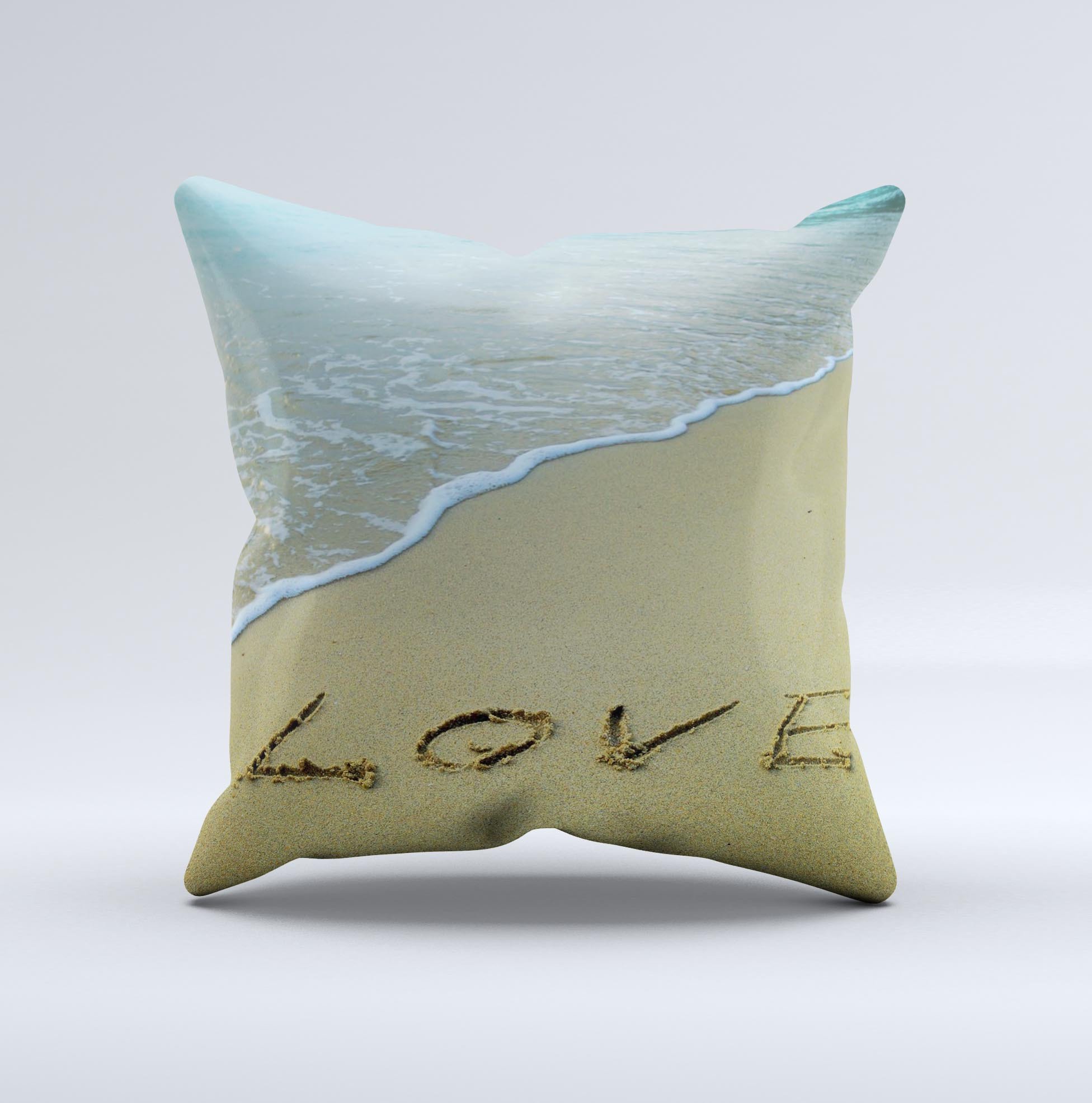 Love Beach Sand Ink-Fuzed Decorative Throw Pillow featuring unique beach-themed design, soft fabric, and high-quality craftsmanship.