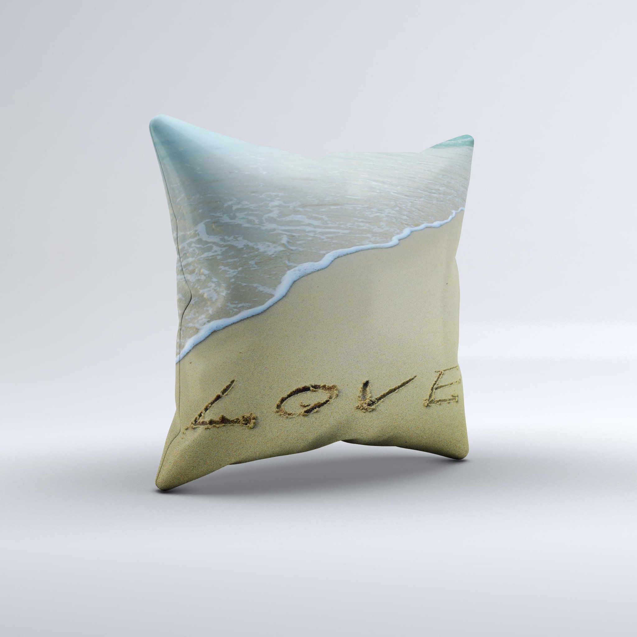 Love Beach Sand Ink-Fuzed Decorative Throw Pillow featuring unique beach-themed design, soft fabric, and high-quality craftsmanship.