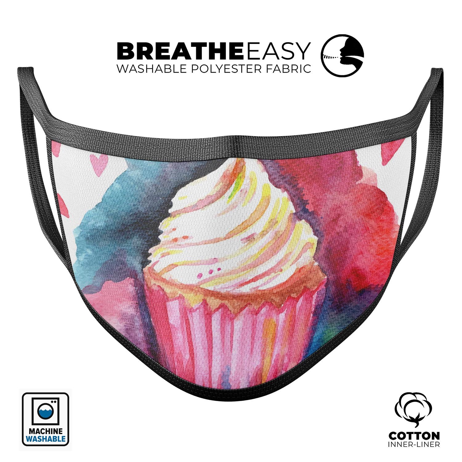 Colorful Love, Cupcakes, and Watercolor mouth cover, showcasing vibrant designs and adjustable ear loops for a comfortable fit.
