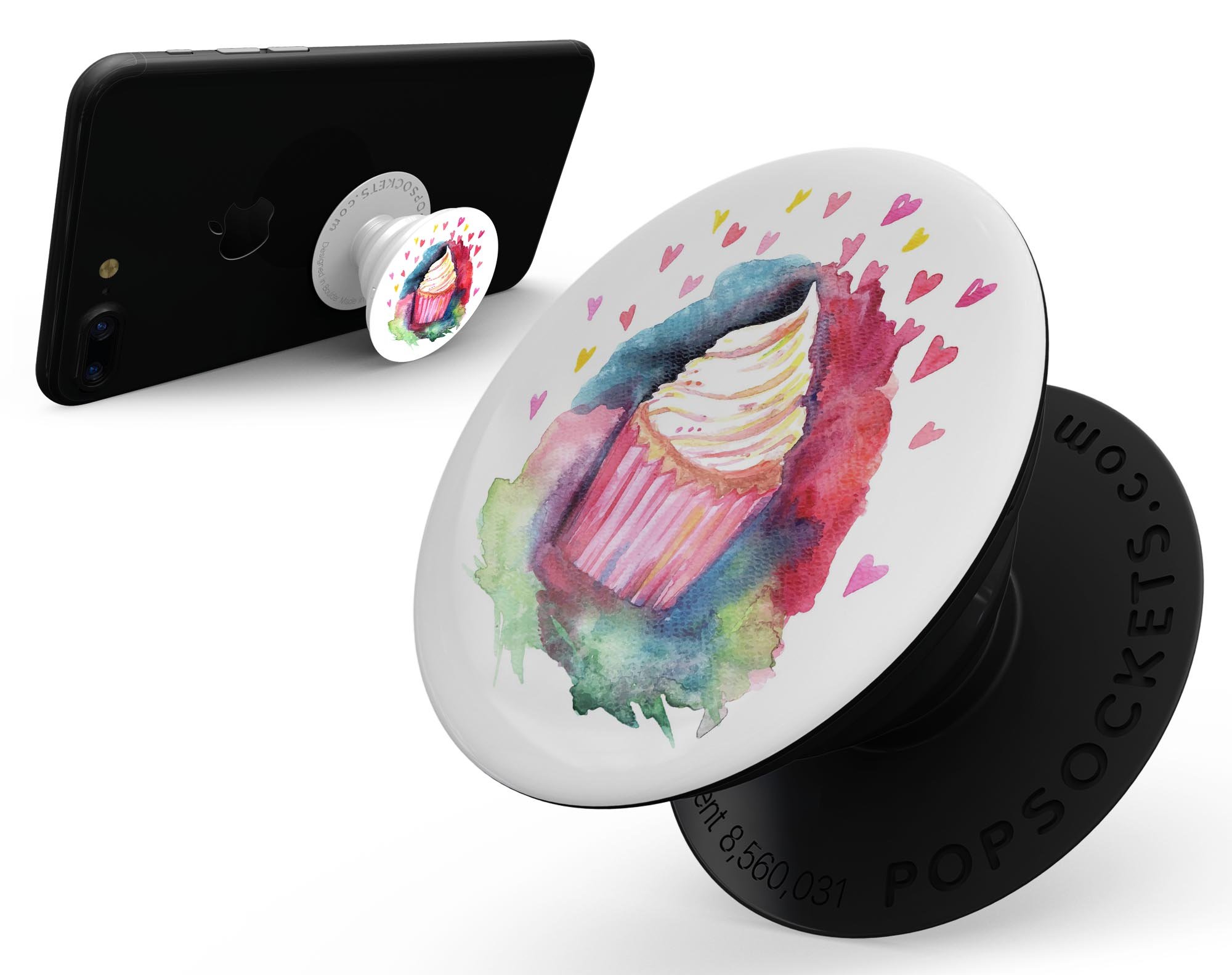 Love, Cupcakes, and Watercolor Skin Kit for PopSockets featuring vibrant colors and a fun design.
