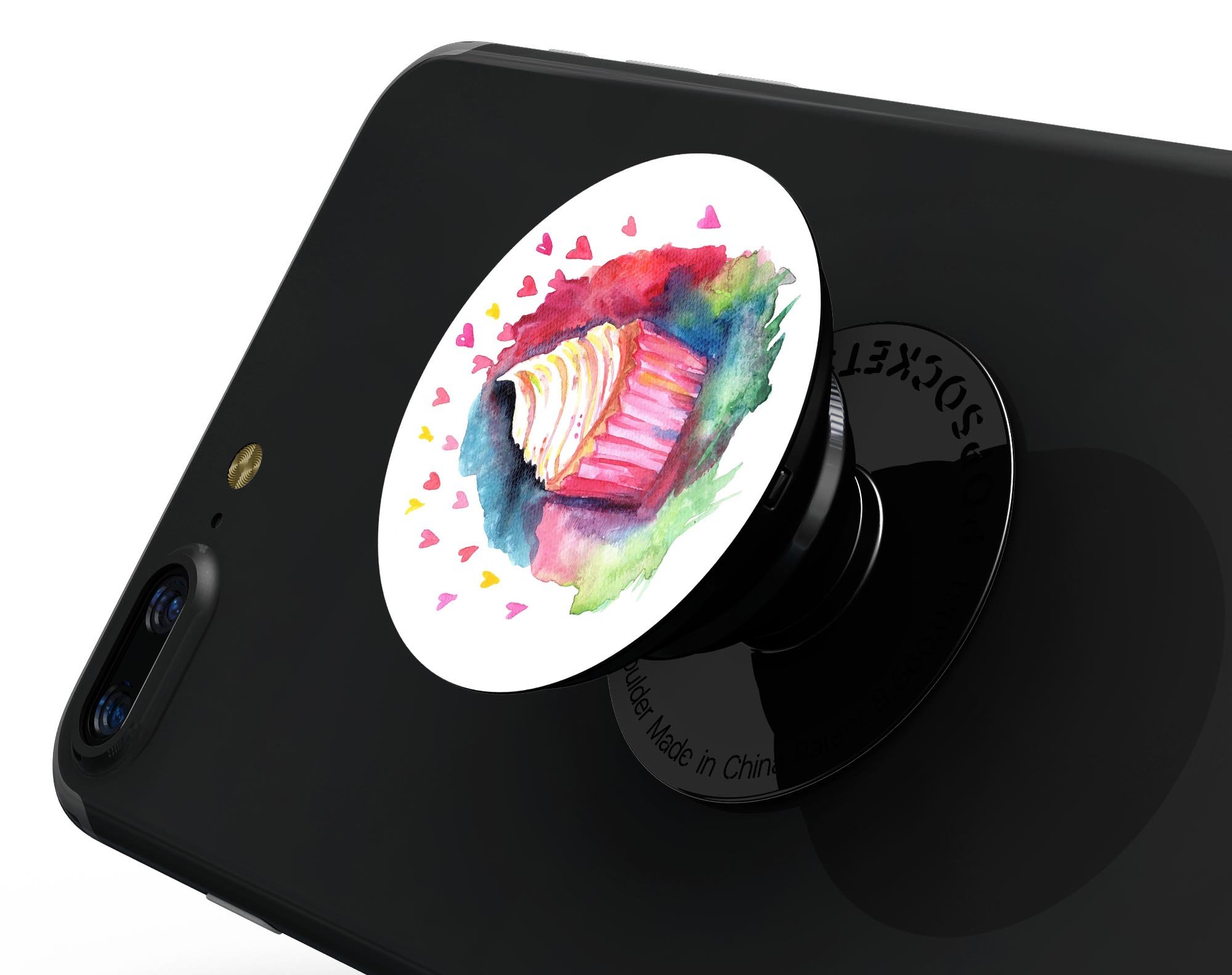 Love, Cupcakes, and Watercolor Skin Kit for PopSockets featuring vibrant colors and a fun design.