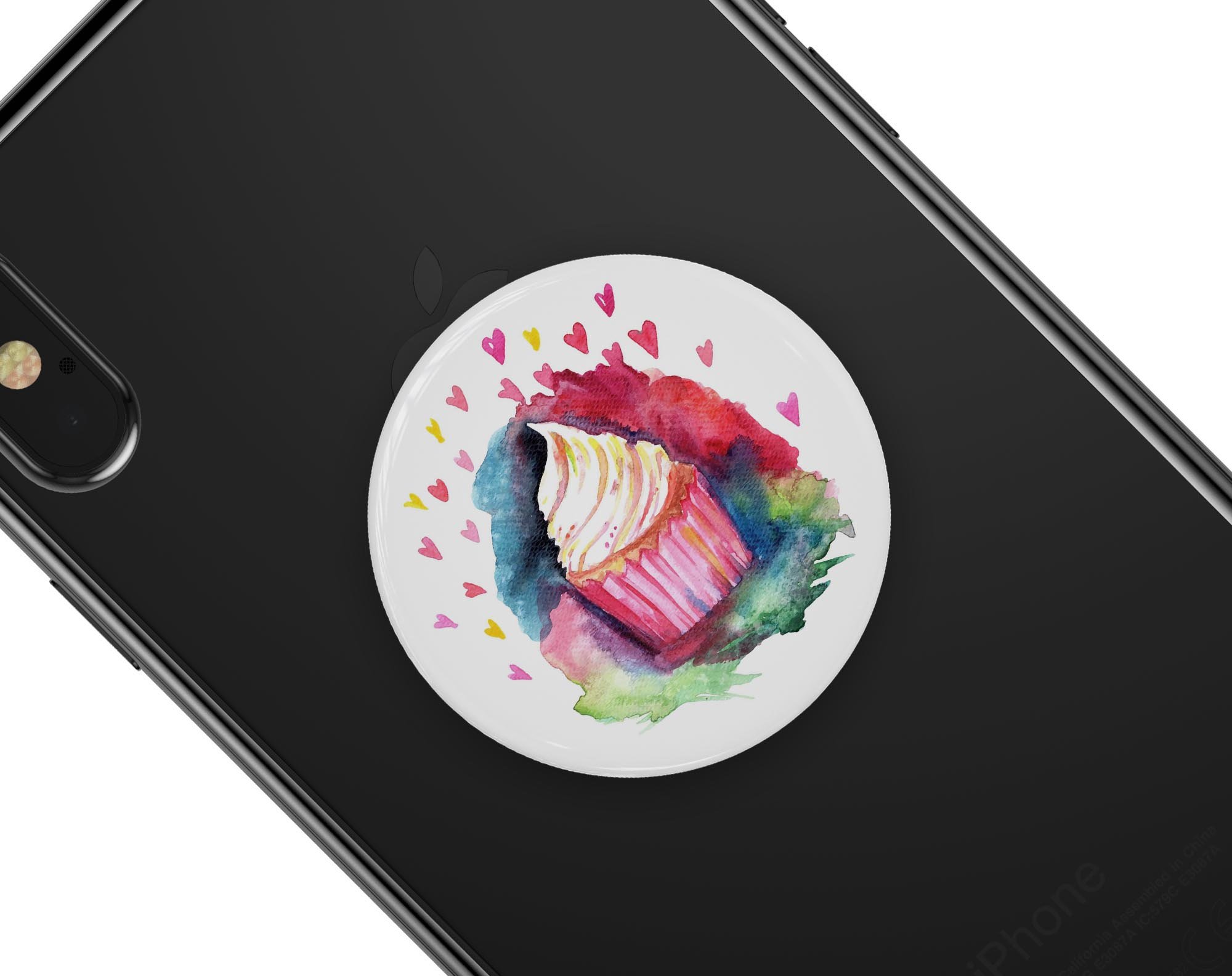 Love, Cupcakes, and Watercolor Skin Kit for PopSockets featuring vibrant colors and a fun design.