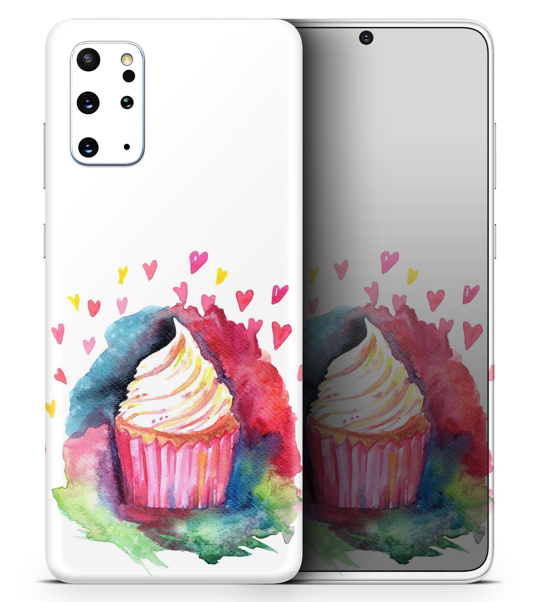 Colorful Love, Cupcakes, and Watercolor Skin-Kit for Samsung Galaxy S20, showcasing vibrant design and premium vinyl material.
