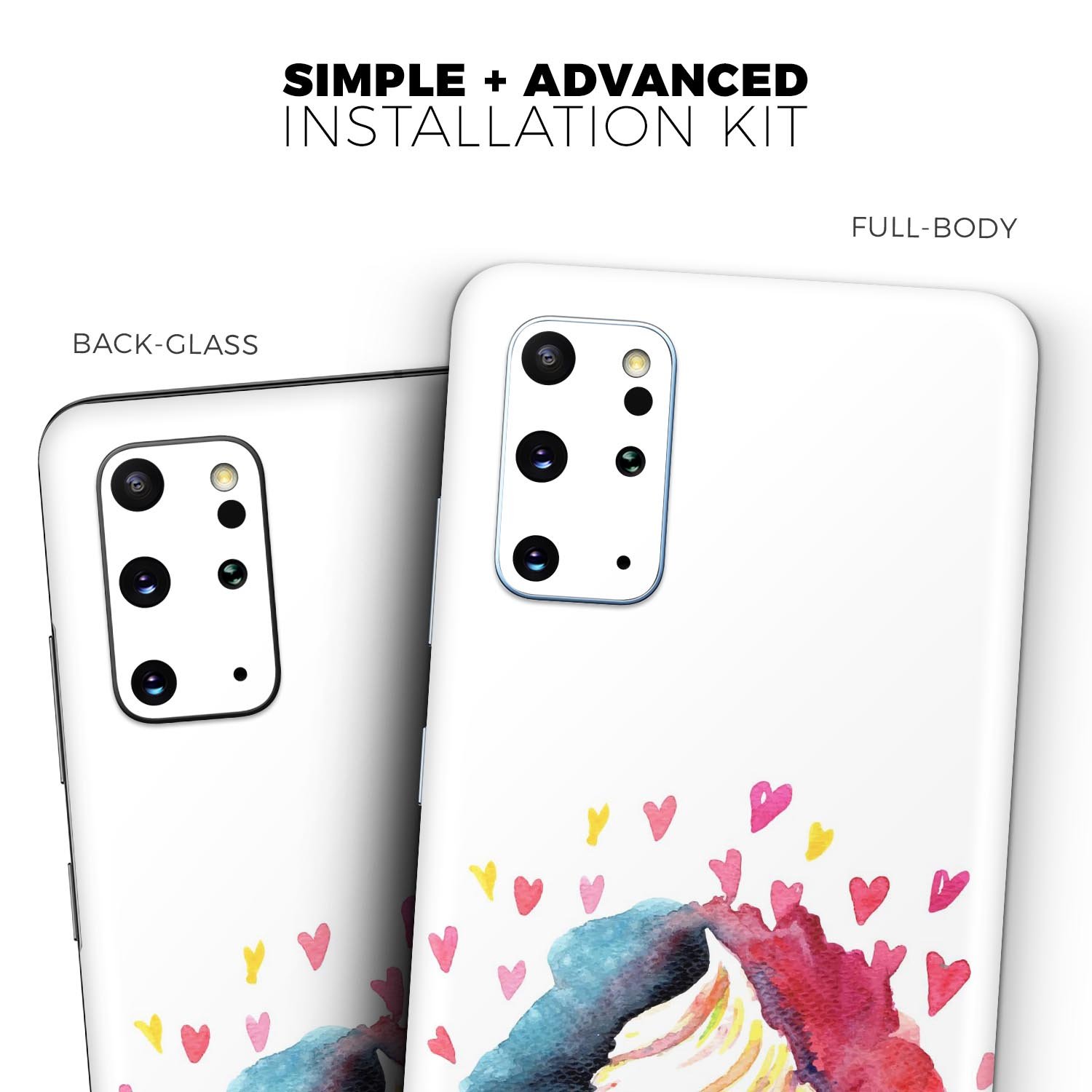 Colorful Love, Cupcakes, and Watercolor Skin-Kit for Samsung Galaxy S20, showcasing vibrant design and premium vinyl material.