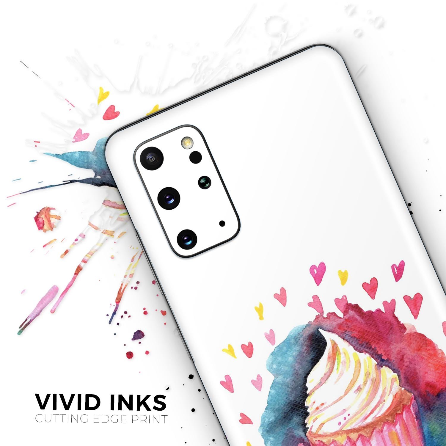 Colorful Love, Cupcakes, and Watercolor Skin-Kit for Samsung Galaxy S20, showcasing vibrant design and premium vinyl material.