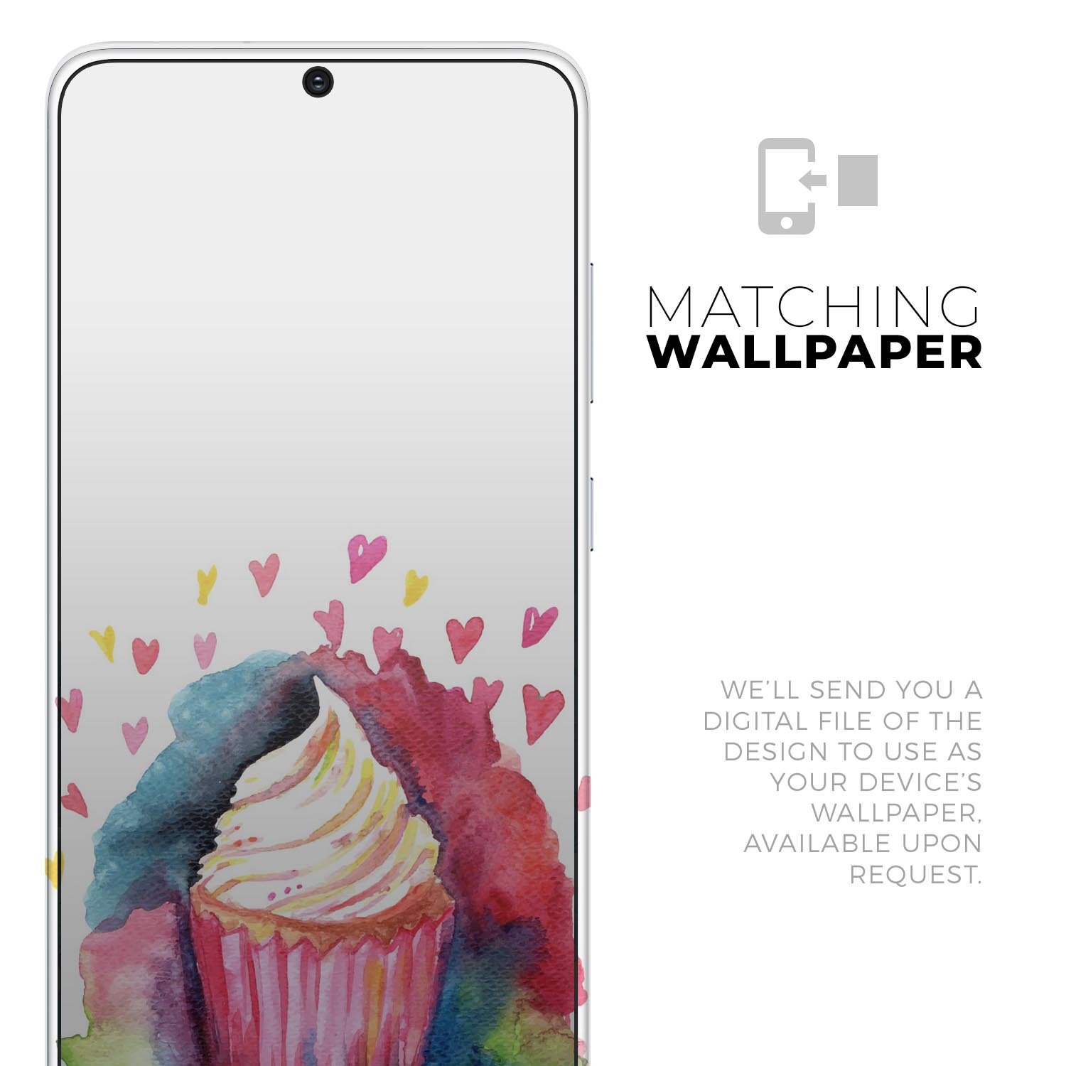 Colorful Love, Cupcakes, and Watercolor Skin-Kit for Samsung Galaxy S20, showcasing vibrant design and premium vinyl material.