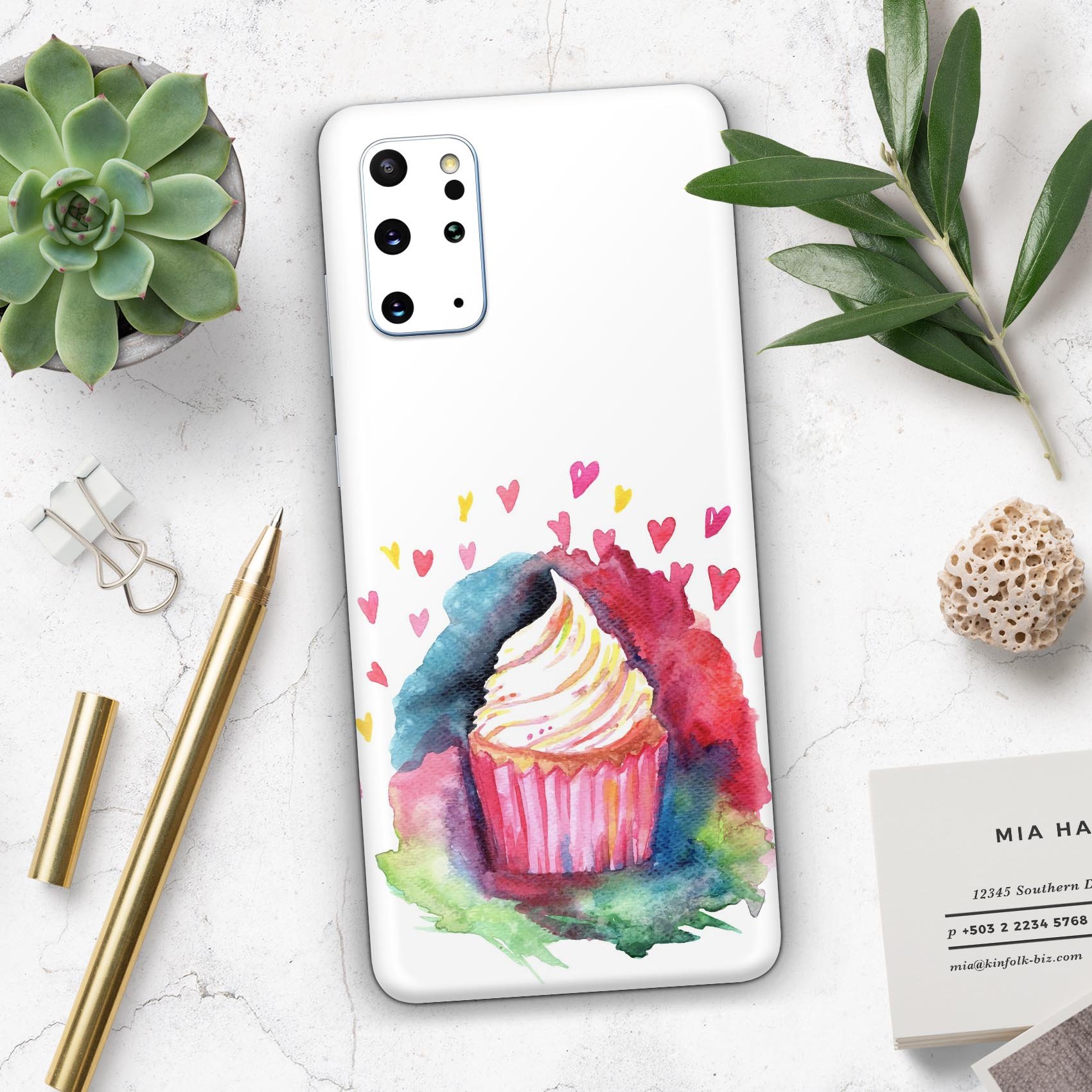 Colorful Love, Cupcakes, and Watercolor Skin-Kit for Samsung Galaxy S20, showcasing vibrant design and premium vinyl material.