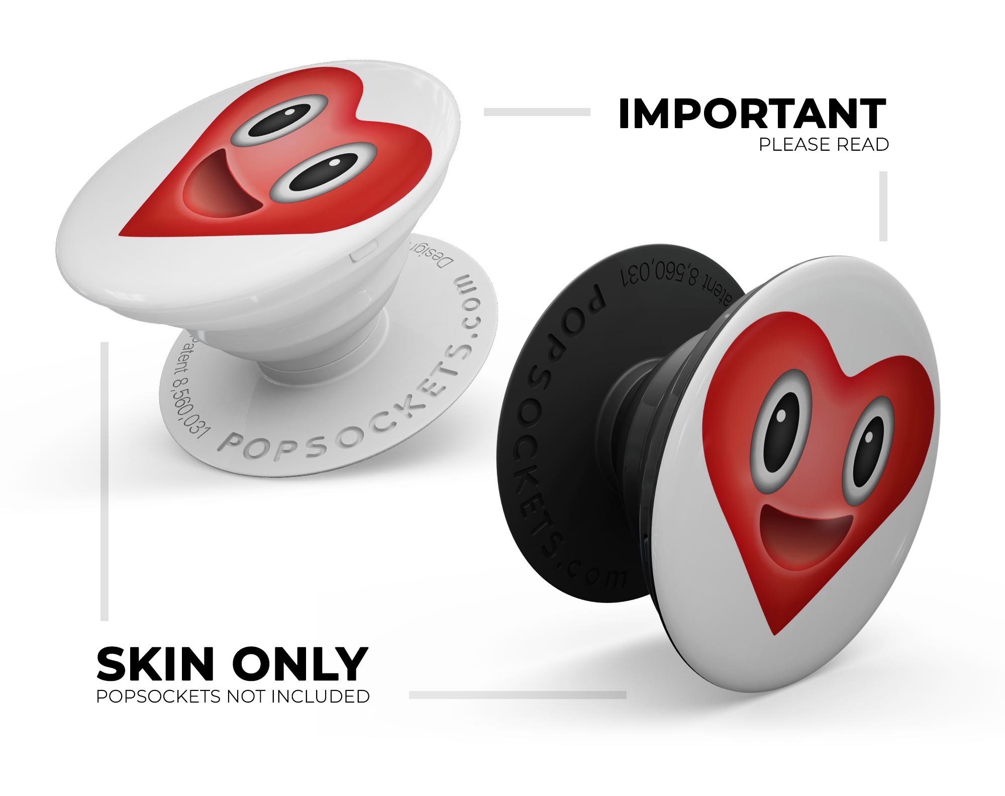 Love Eyes Emoticon Emoji Skin Kit for PopSockets, featuring a vibrant emoticon design on premium vinyl.