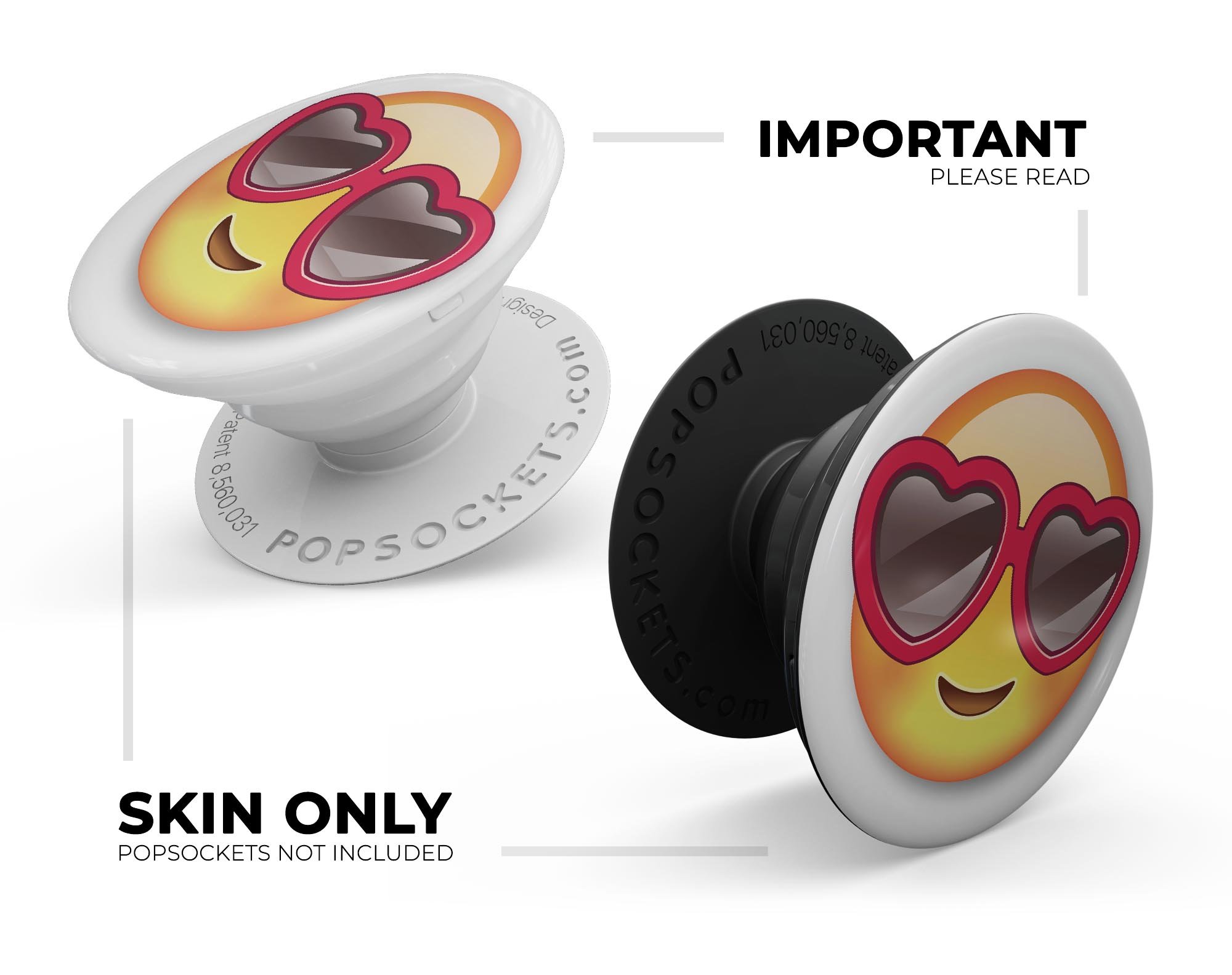 Love Glasses Emoticon Emoji Skin Kit for PopSockets, featuring vibrant colors and a fun design, perfect for personalizing smartphone grips.