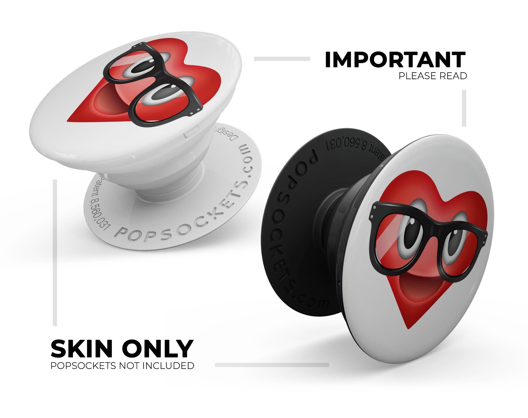Love Glasses V2 Emoticon Emoji skin kit for PopSockets, featuring vibrant colors and a playful design.
