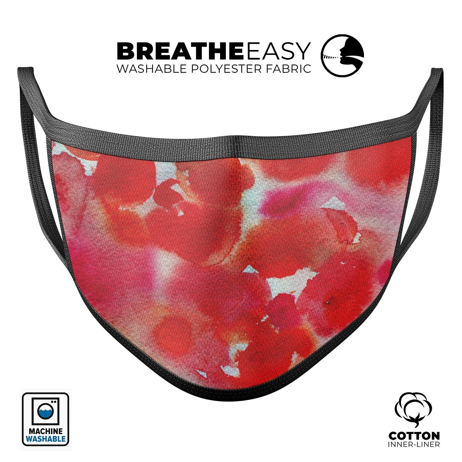 Love Red Absorbed Watercolor Texture face mask, showcasing vibrant colors and a comfortable design, made in the USA.