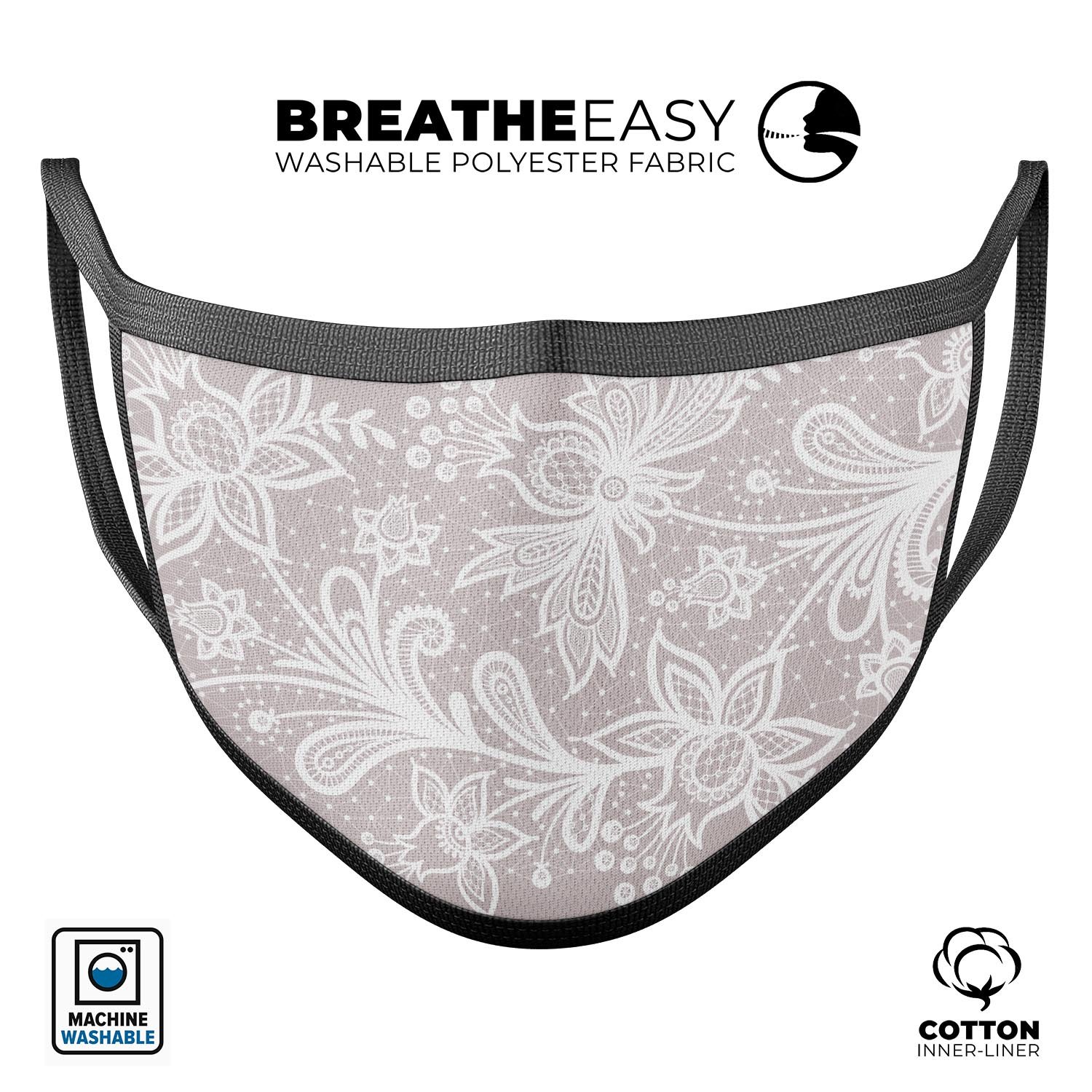 Lovely Sprouting Lace Design V2 mouth cover, featuring a vibrant lace pattern, adjustable ear loops, and made from soft cotton.