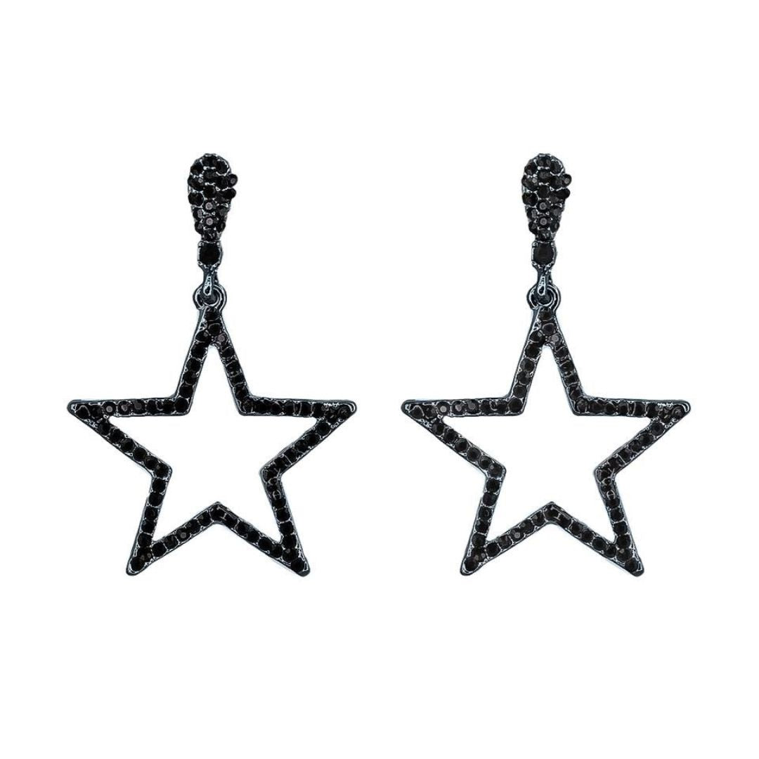 loveRocks Crystal Cut Out Star Drop Earrings featuring jet black stones in a dramatic star design, perfect for elegant occasions.