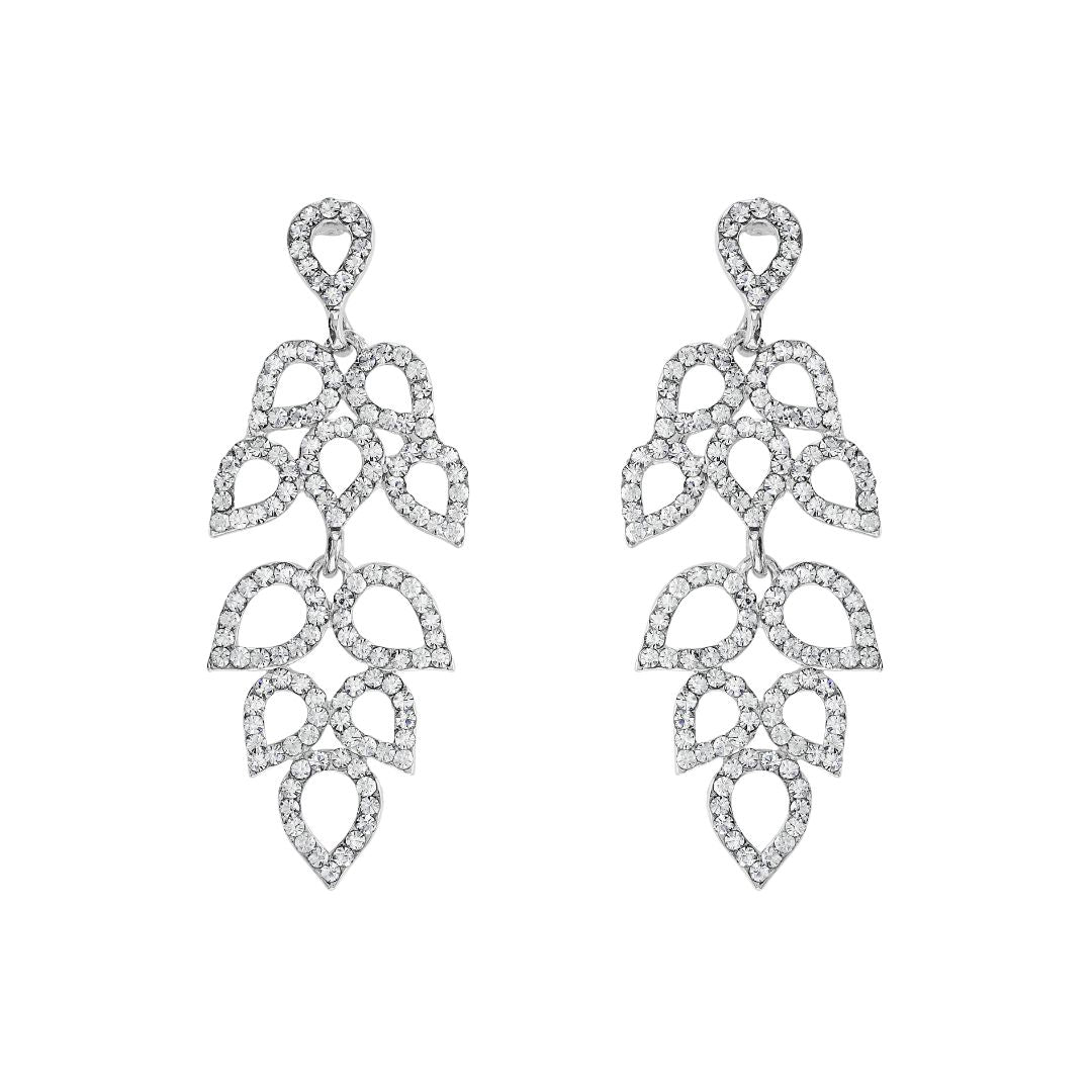 loveRocks Filigree Crystal Leaves Chandelier Earrings featuring intricate filigree design and sparkling crystals.