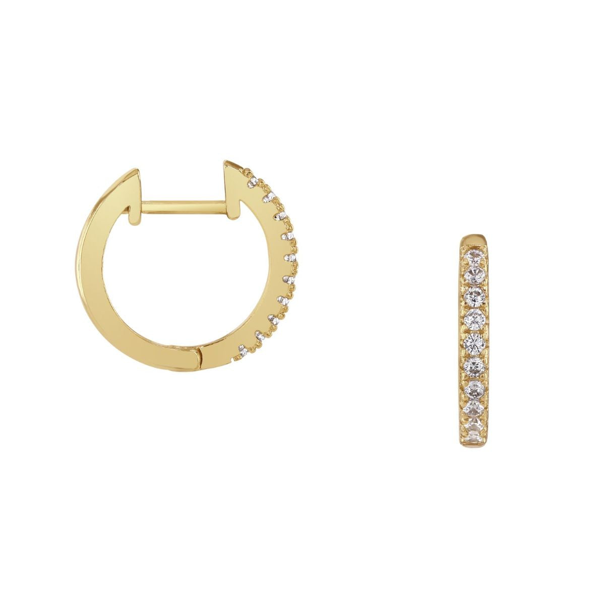 loveRocks gold huggie hoop earrings adorned with clear cubic zirconia stones, showcasing a classic and elegant design.