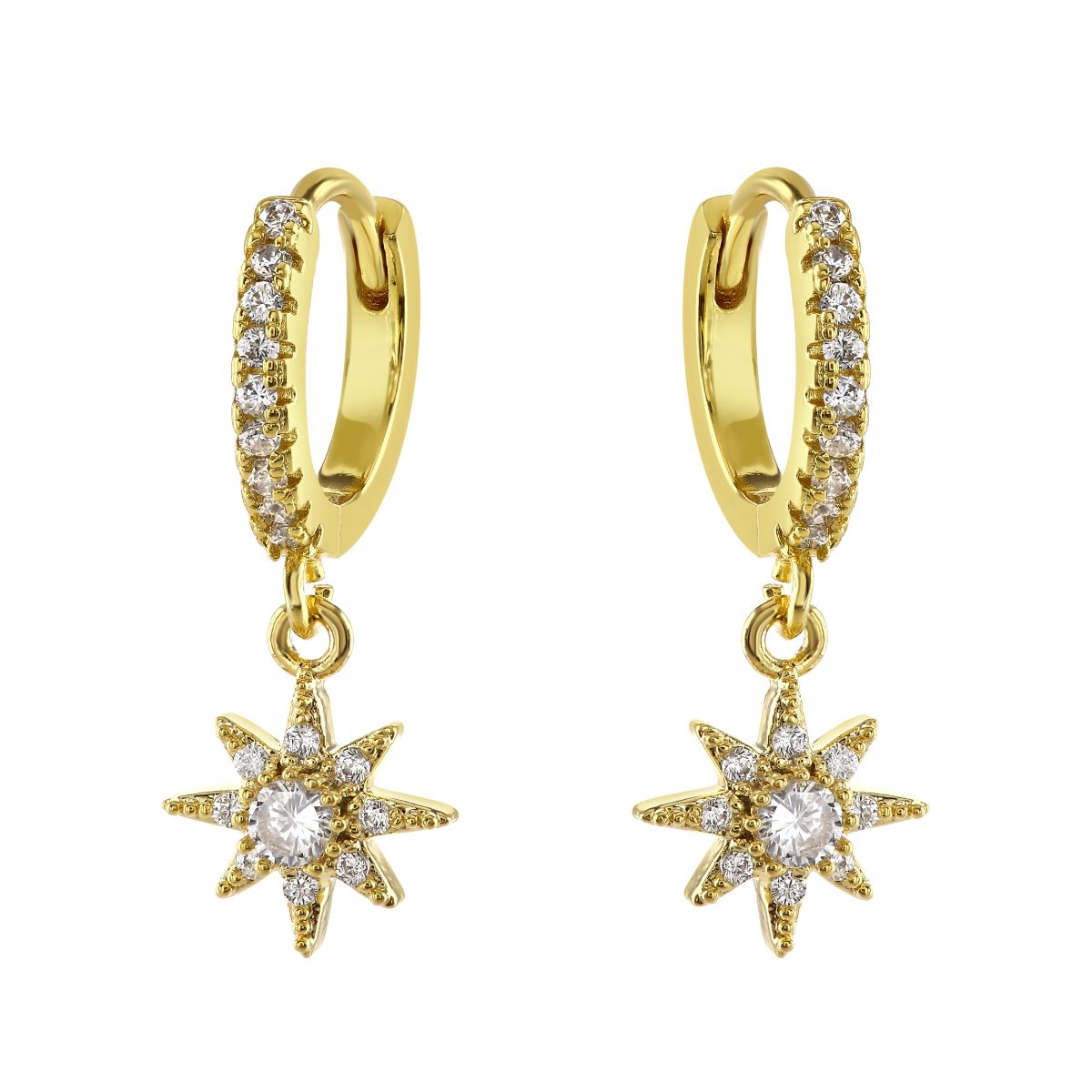 loveRocks Huggie Hoop Earrings featuring a CZ sunburst charm drop, showcasing elegance and sparkle.