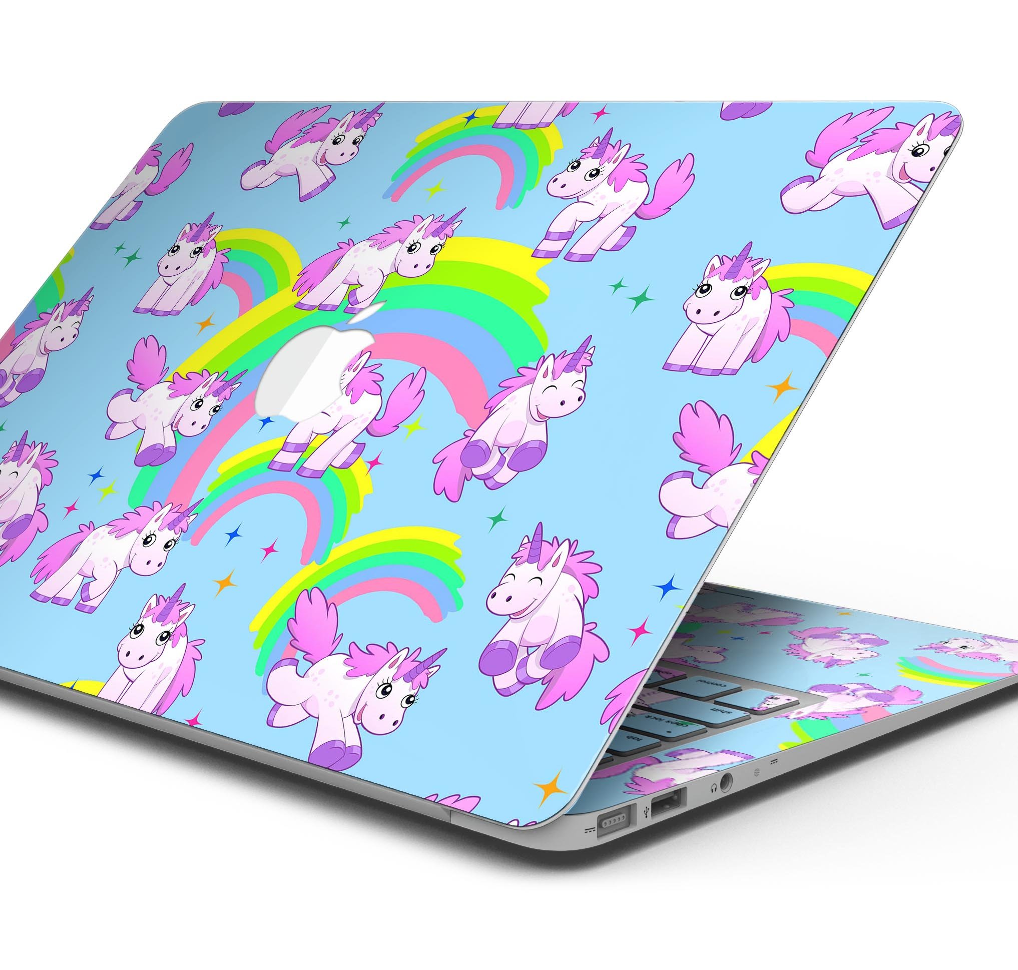 Colorful Magical Cartoon Unicorns skin decal wrap kit for MacBook, showcasing vibrant designs and a premium vinyl finish.