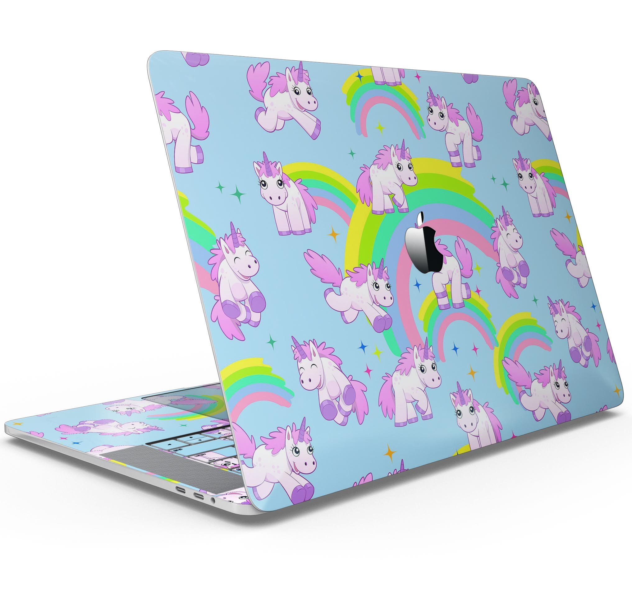 Colorful Magical Cartoon Unicorns skin decal wrap kit for MacBook, showcasing vibrant designs and a premium vinyl finish.