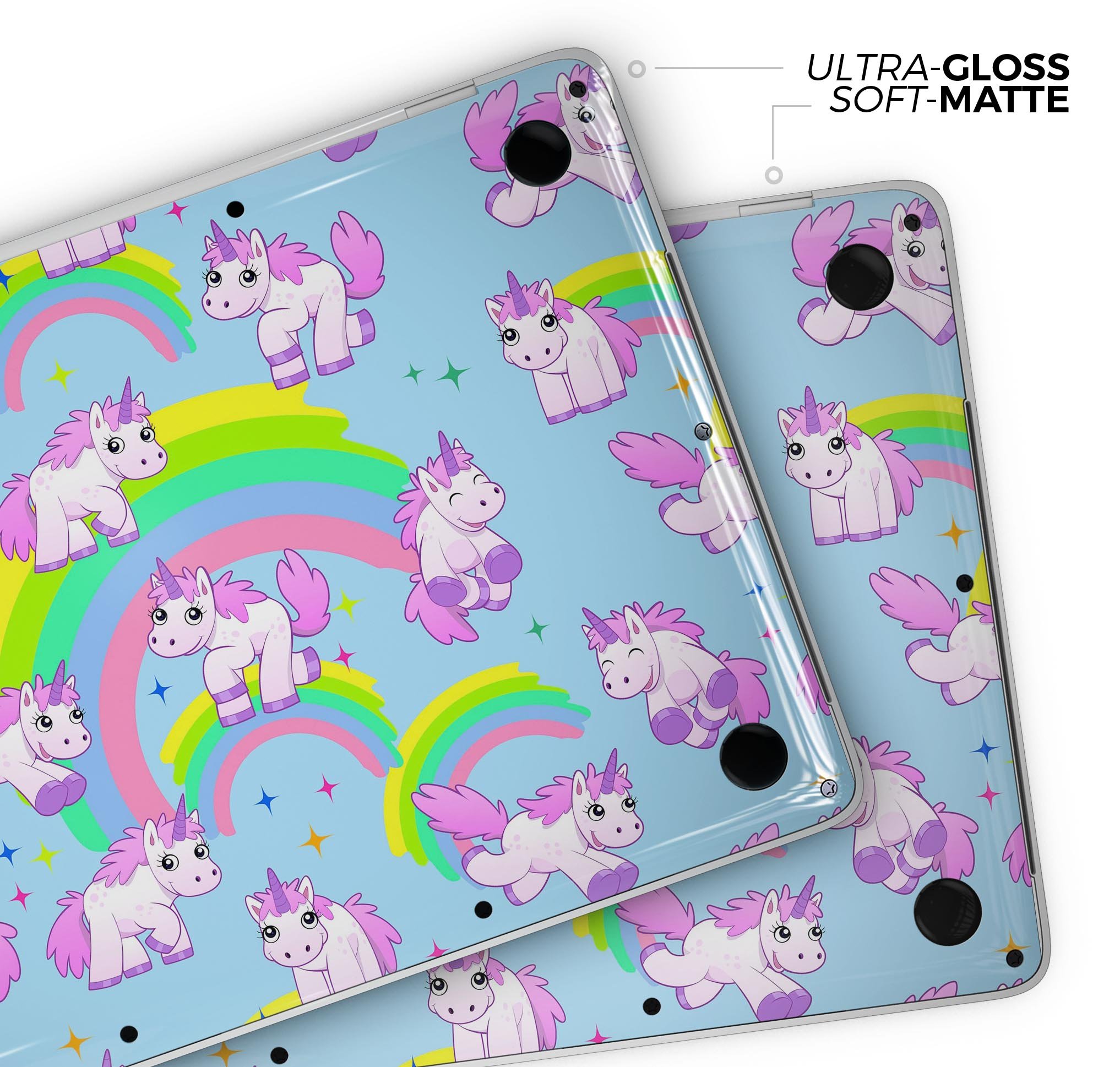 Colorful Magical Cartoon Unicorns skin decal wrap kit for MacBook, showcasing vibrant designs and a premium vinyl finish.