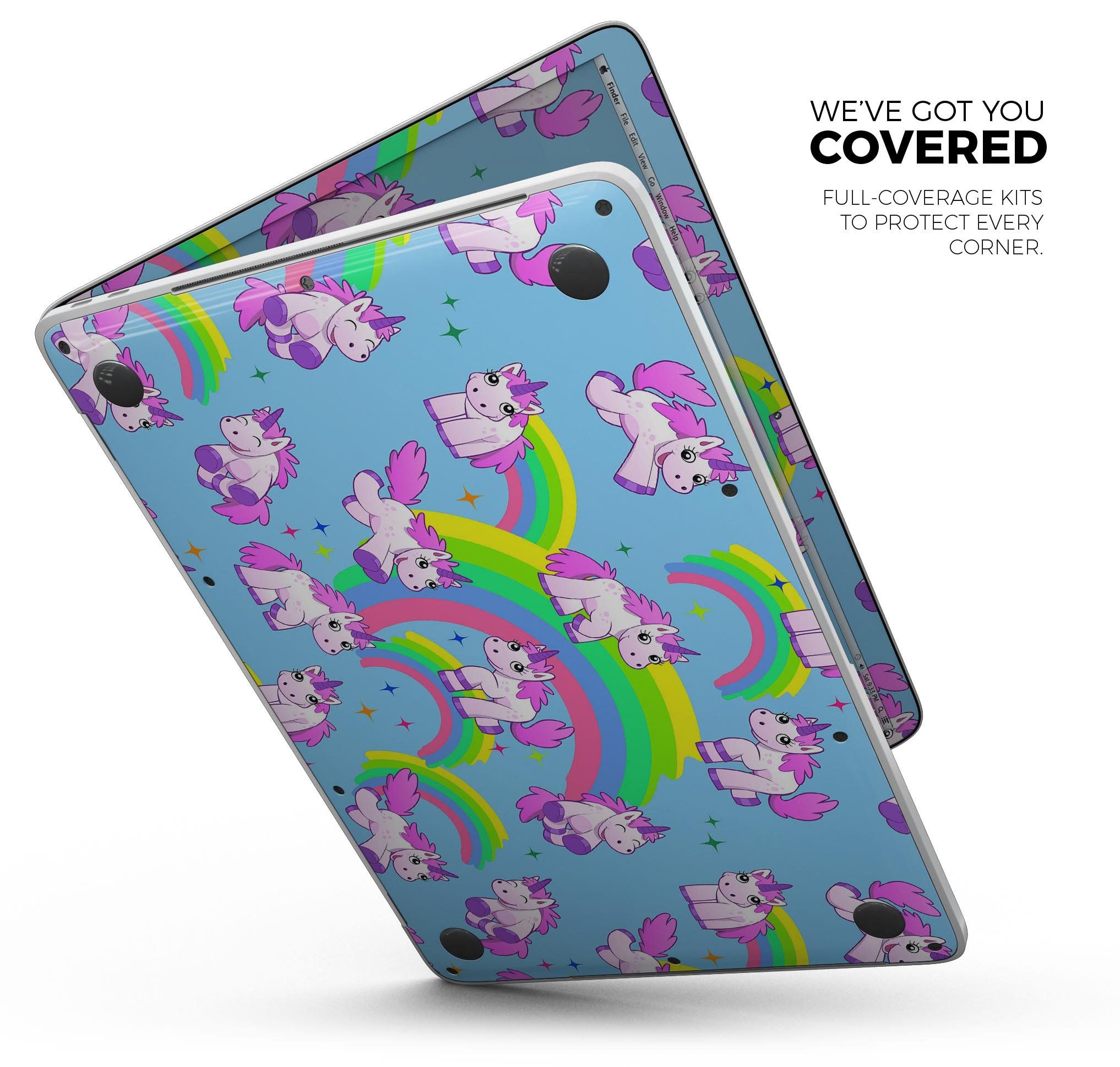 Colorful Magical Cartoon Unicorns skin decal wrap kit for MacBook, showcasing vibrant designs and a premium vinyl finish.