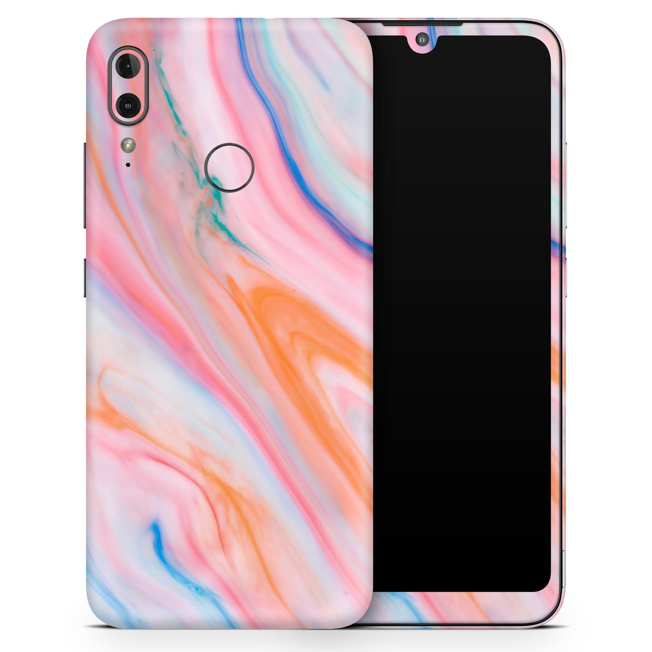 Magical Coral Marble V5 skin decal wrap kit for Motorola phone, showcasing vibrant coral marble design and soft-touch finish.