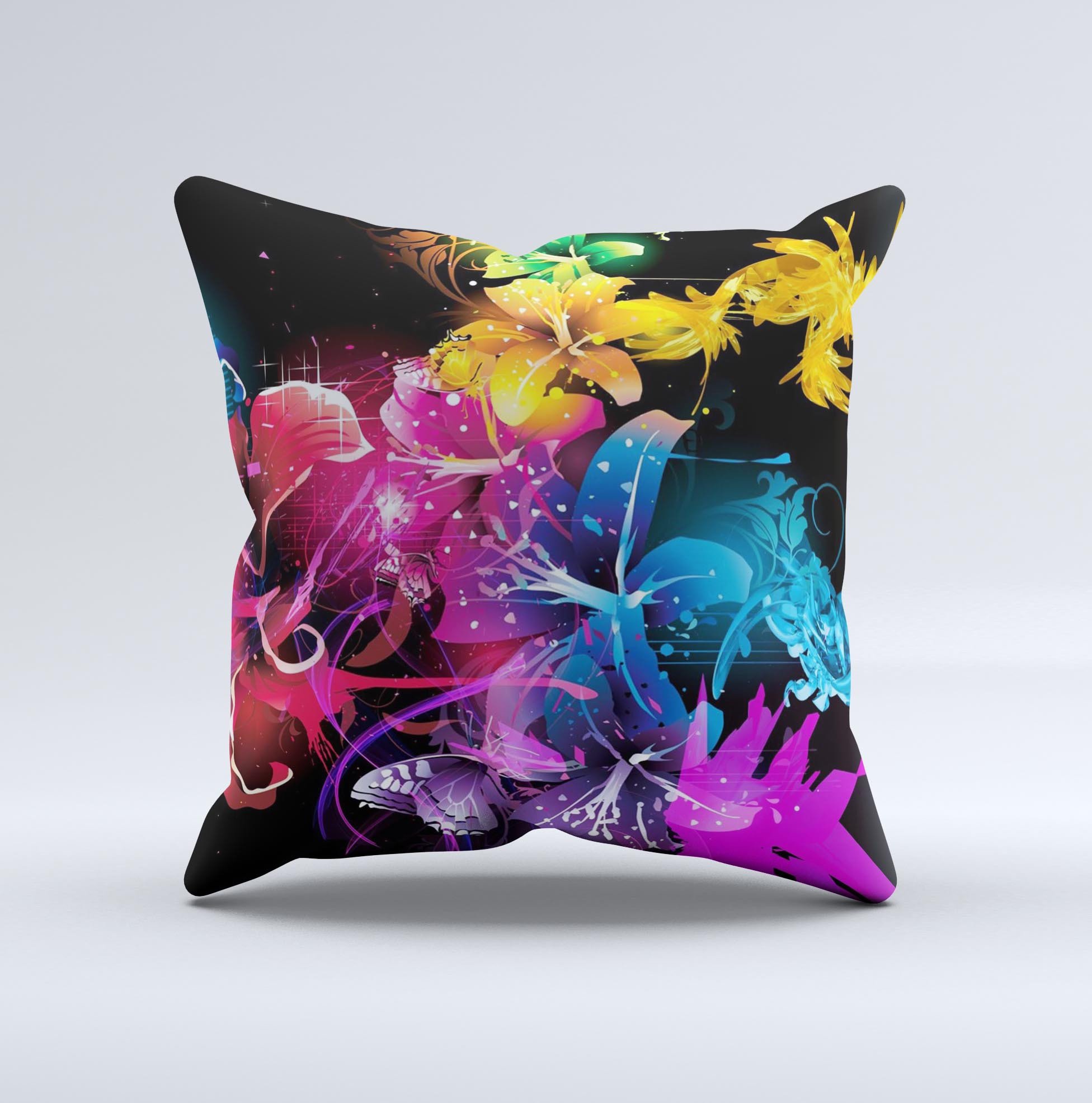 A beautifully handcrafted throw pillow featuring a magical glowing floral design, showcasing vibrant colors and intricate patterns, perfect for home decor.