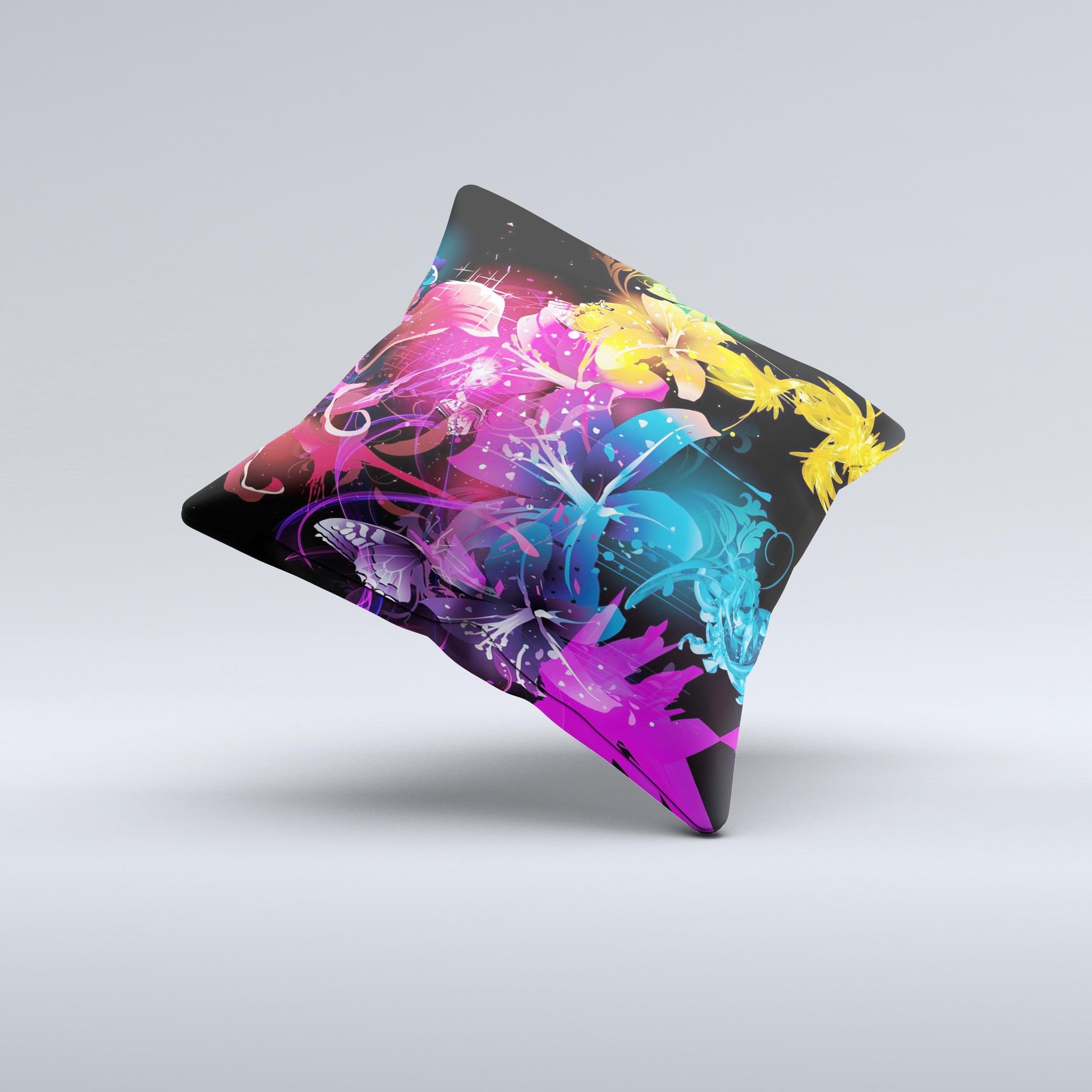 A beautifully handcrafted throw pillow featuring a magical glowing floral design, showcasing vibrant colors and intricate patterns, perfect for home decor.