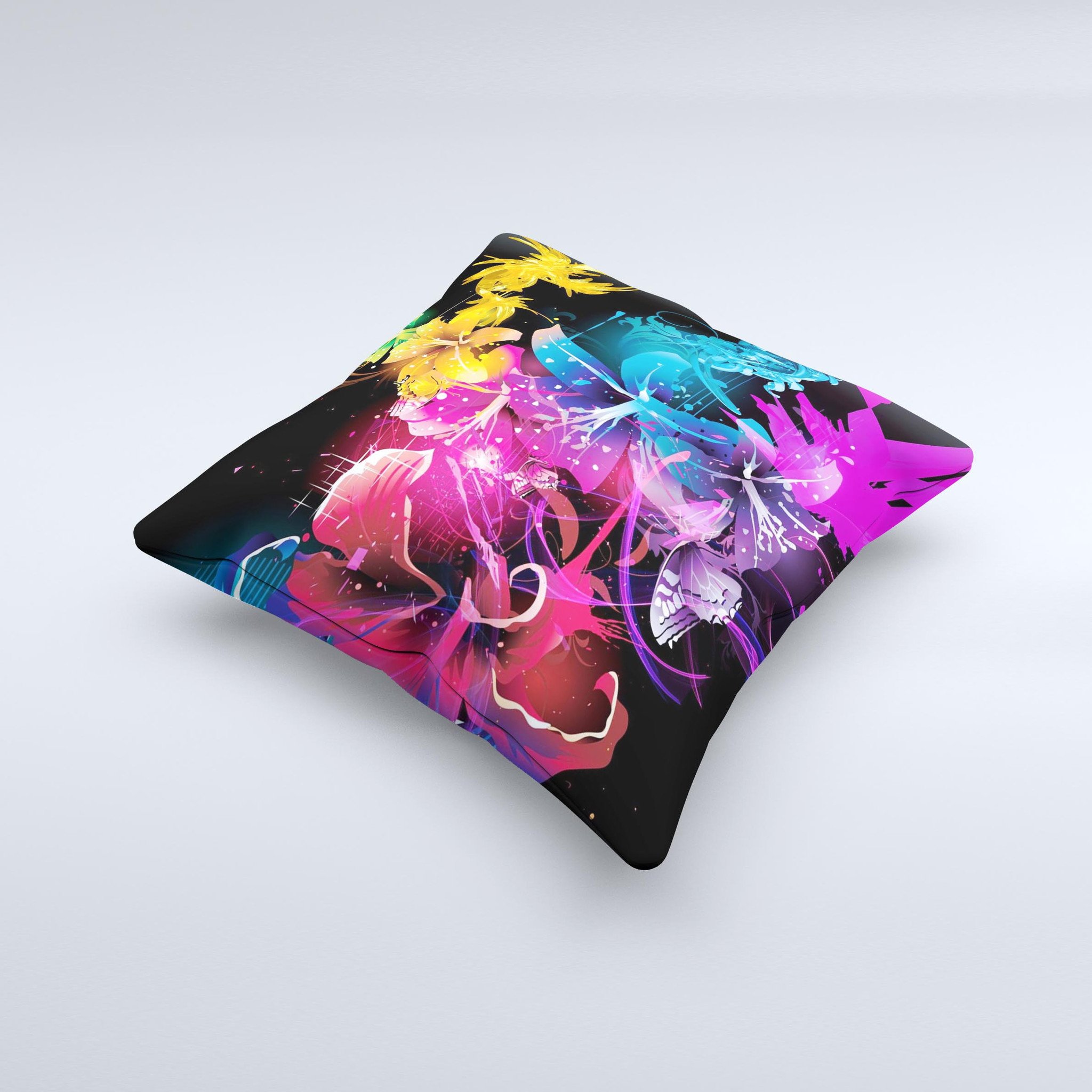 A beautifully handcrafted throw pillow featuring a magical glowing floral design, showcasing vibrant colors and intricate patterns, perfect for home decor.