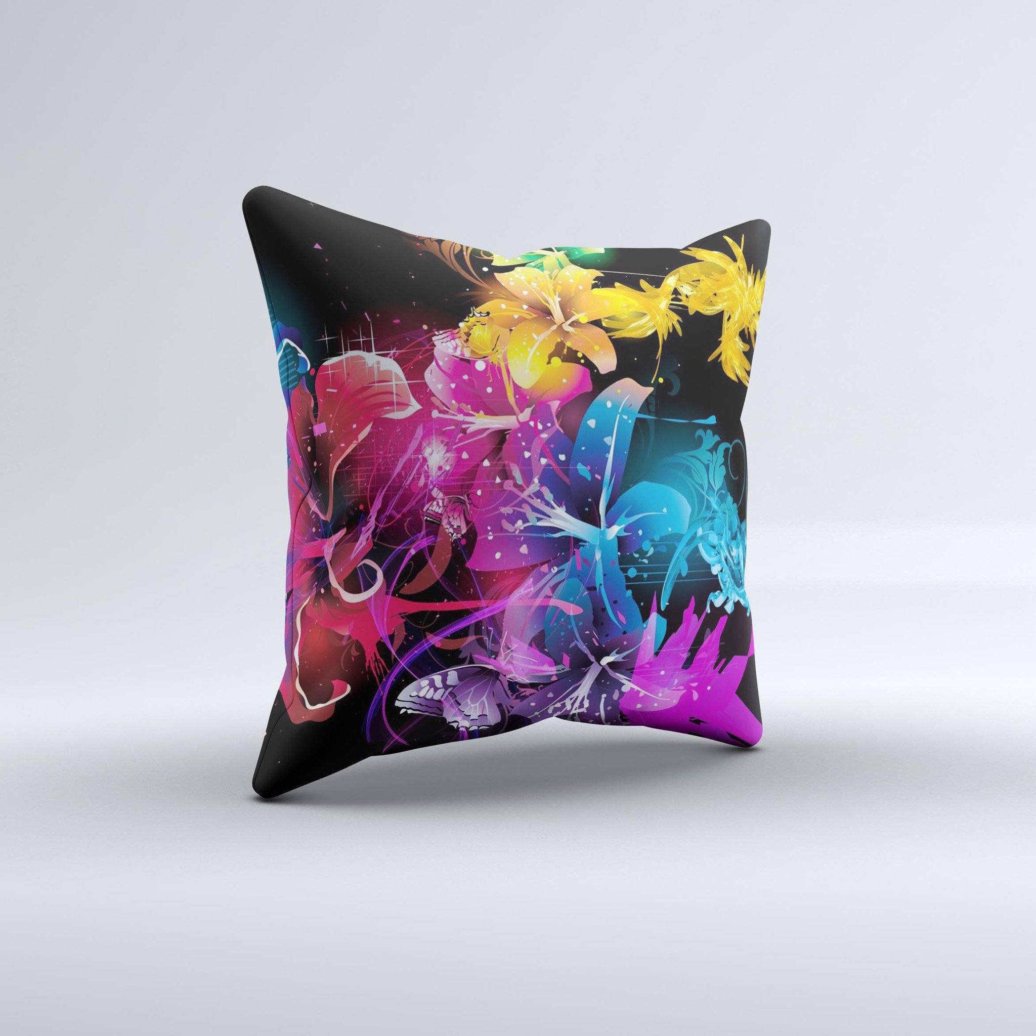 A beautifully handcrafted throw pillow featuring a magical glowing floral design, showcasing vibrant colors and intricate patterns, perfect for home decor.