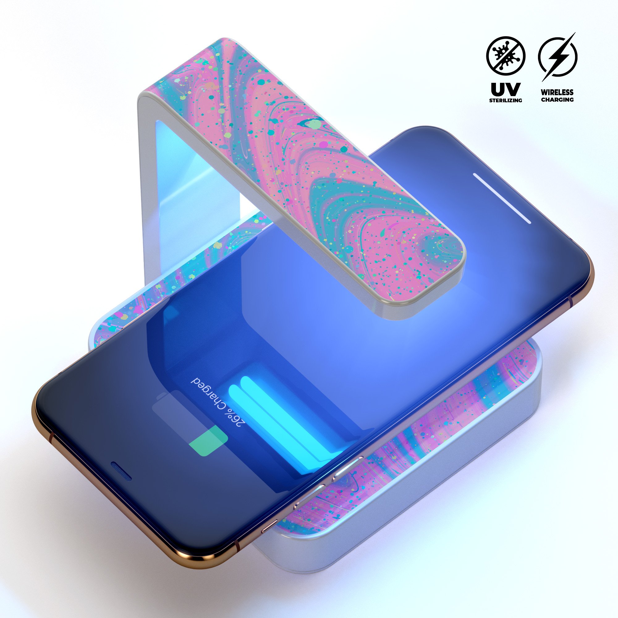 Magical Marble UV Germicidal Sanitizing Wireless Charger with phone on top, showcasing its sleek design and sterilizing lamp.