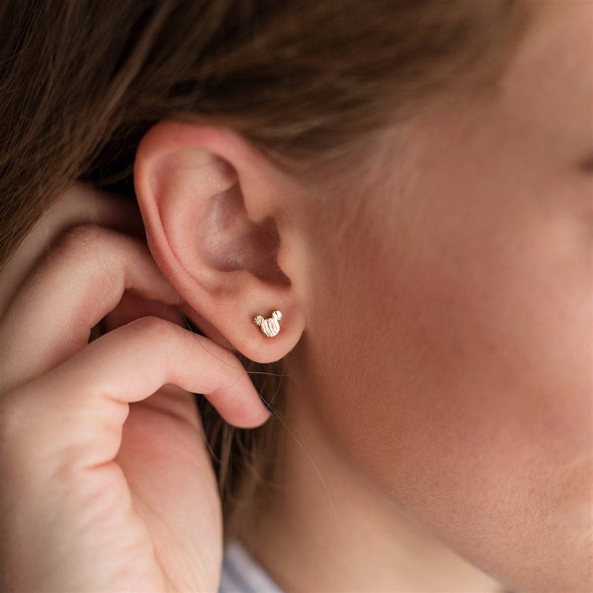 A pair of adorable stainless steel mouse earrings with metal backing, perfect for sensitive ears.