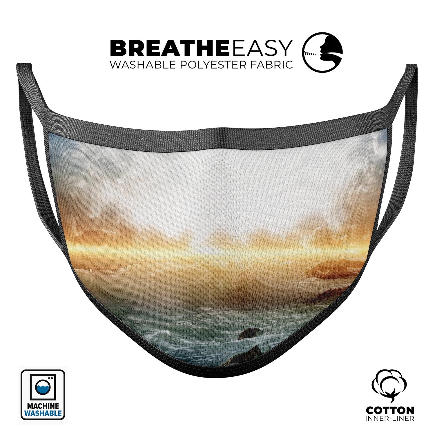 Majestic Sky on Crashing Waves face mask, featuring vibrant colors and a 3D design, made from soft cotton and memory foam for comfort.