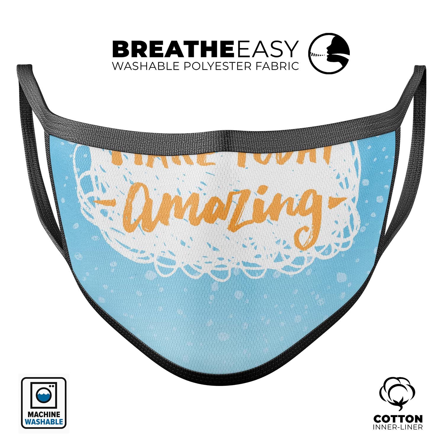 Make Today Amazing Blue Fall mouth cover, a reusable 3D face mask made in the USA, featuring adjustable ear loops and a comfortable cotton interior.