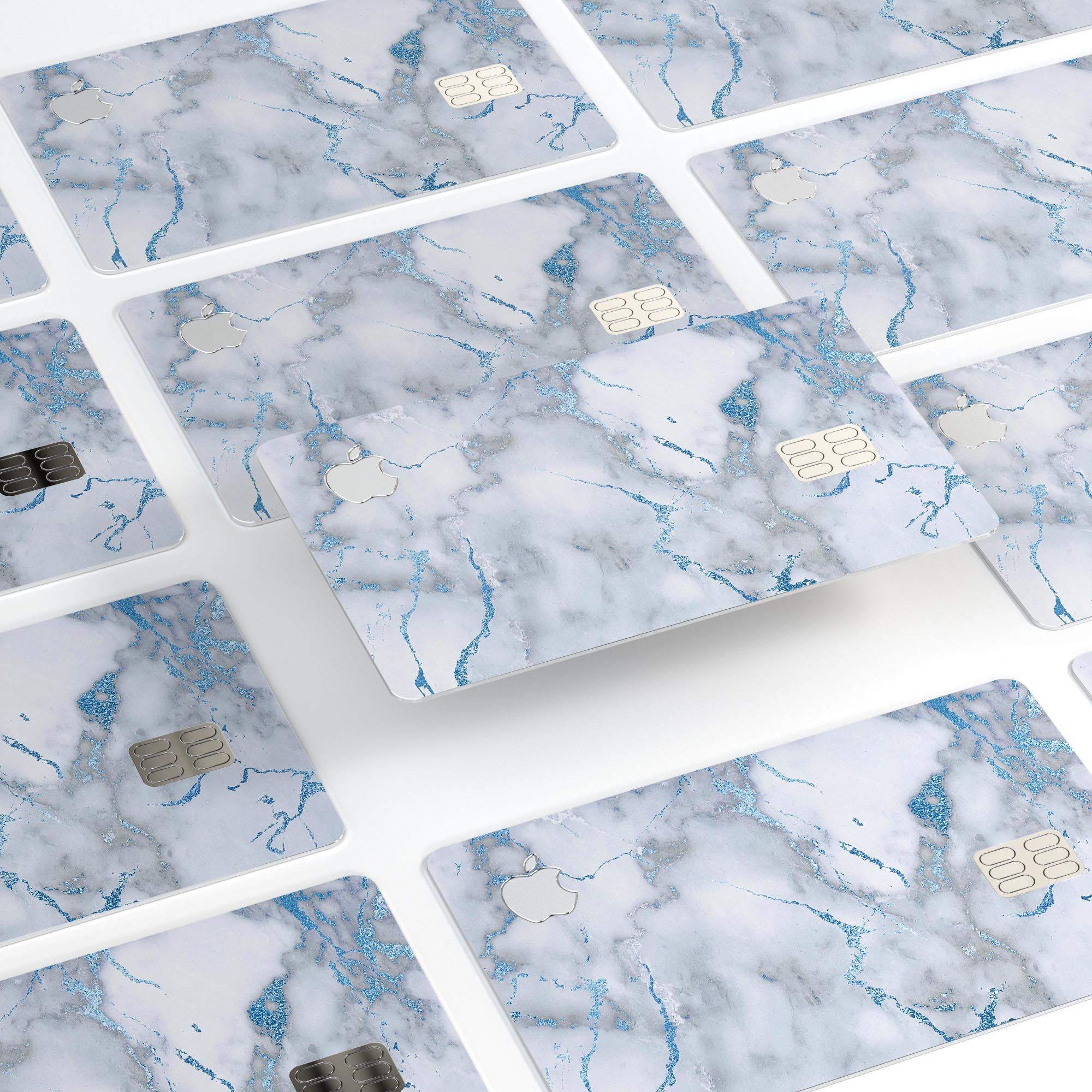 Marble & Digital Blue Frosted Foil V3 decal on an Apple Card, showcasing its premium design and protective features.
