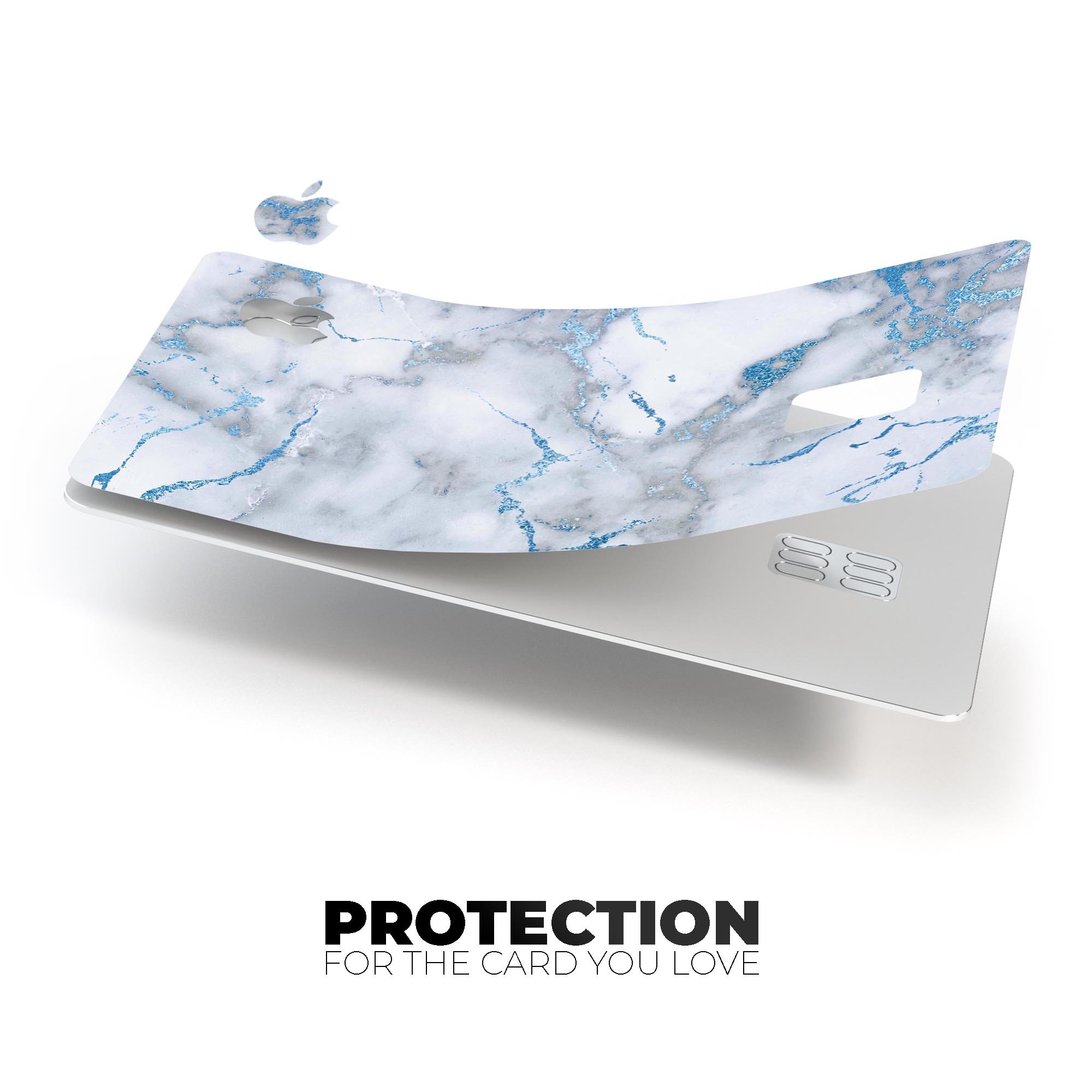 Marble & Digital Blue Frosted Foil V3 decal on an Apple Card, showcasing its premium design and protective features.