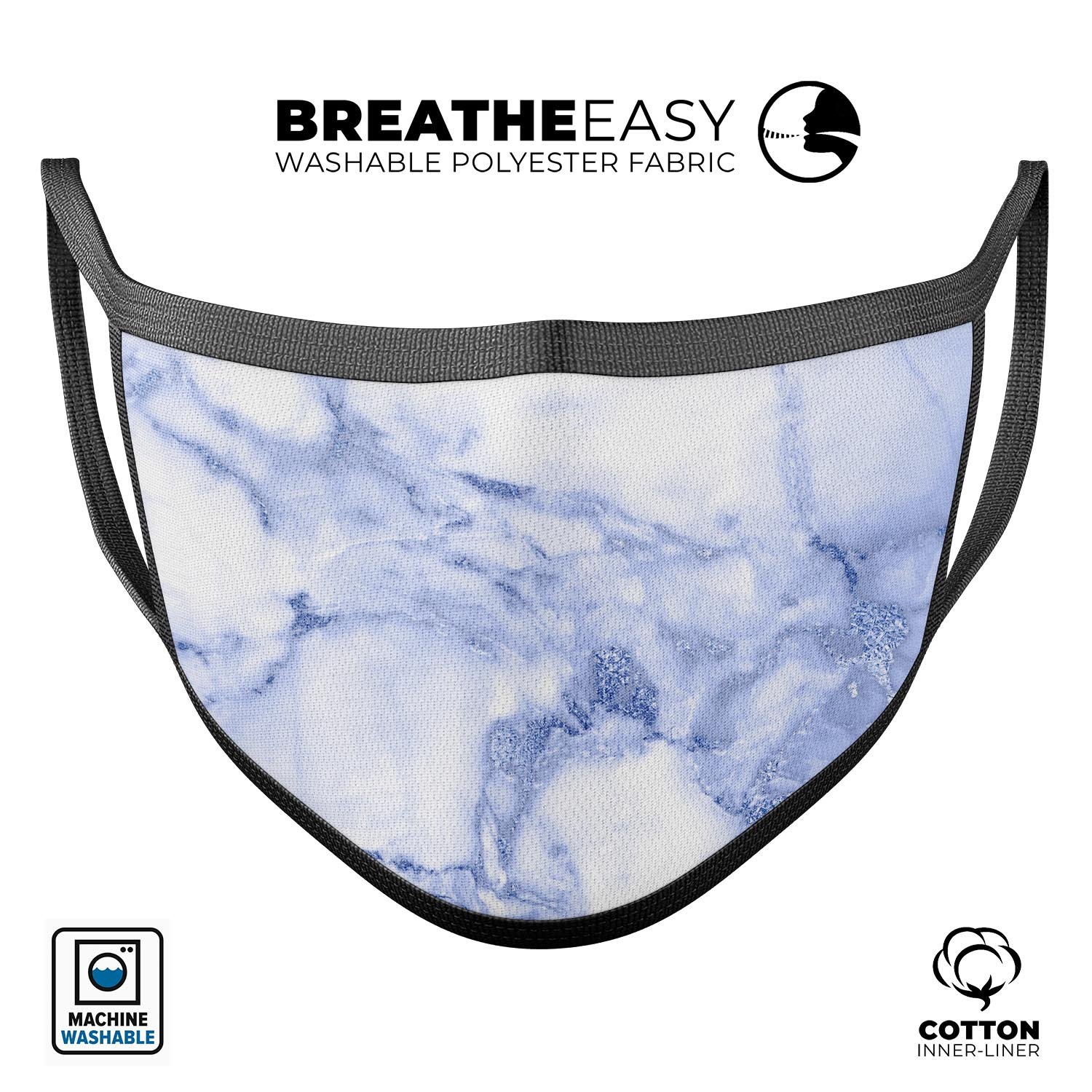 Marble & Digital Blue Frosted Foil V6 mouth cover featuring a vibrant design, adjustable ear loops, and soft cotton interior, made in the USA.