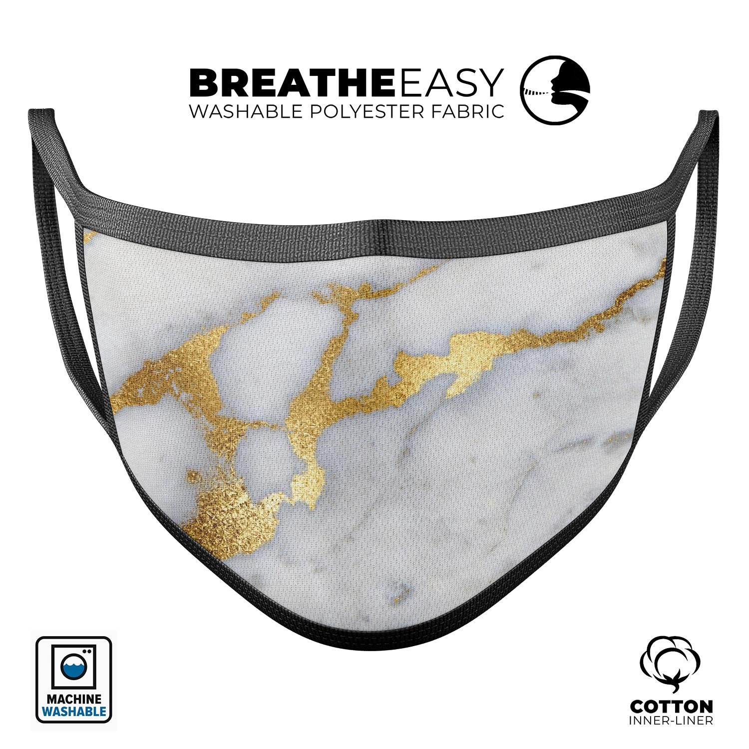 Marble & Digital Gold Foil V1 mouth cover, showcasing vibrant colors and adjustable ear loops, made in the USA.