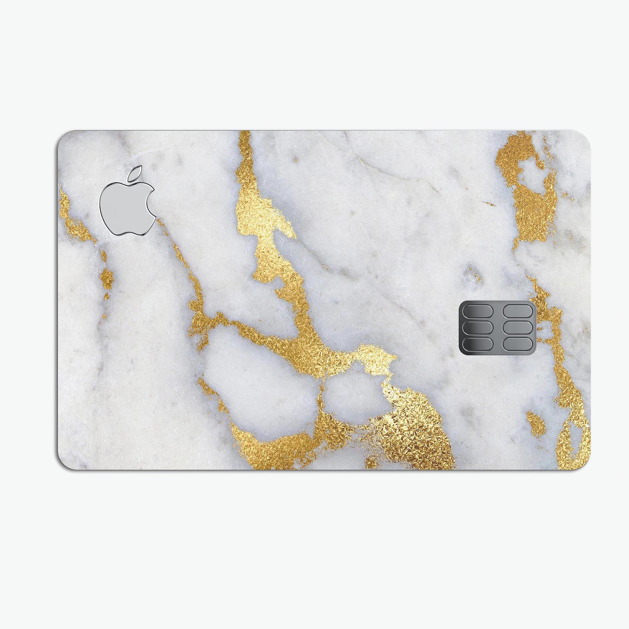Marble and digital gold foil decal skin for Apple Card, showcasing premium design and protective features.