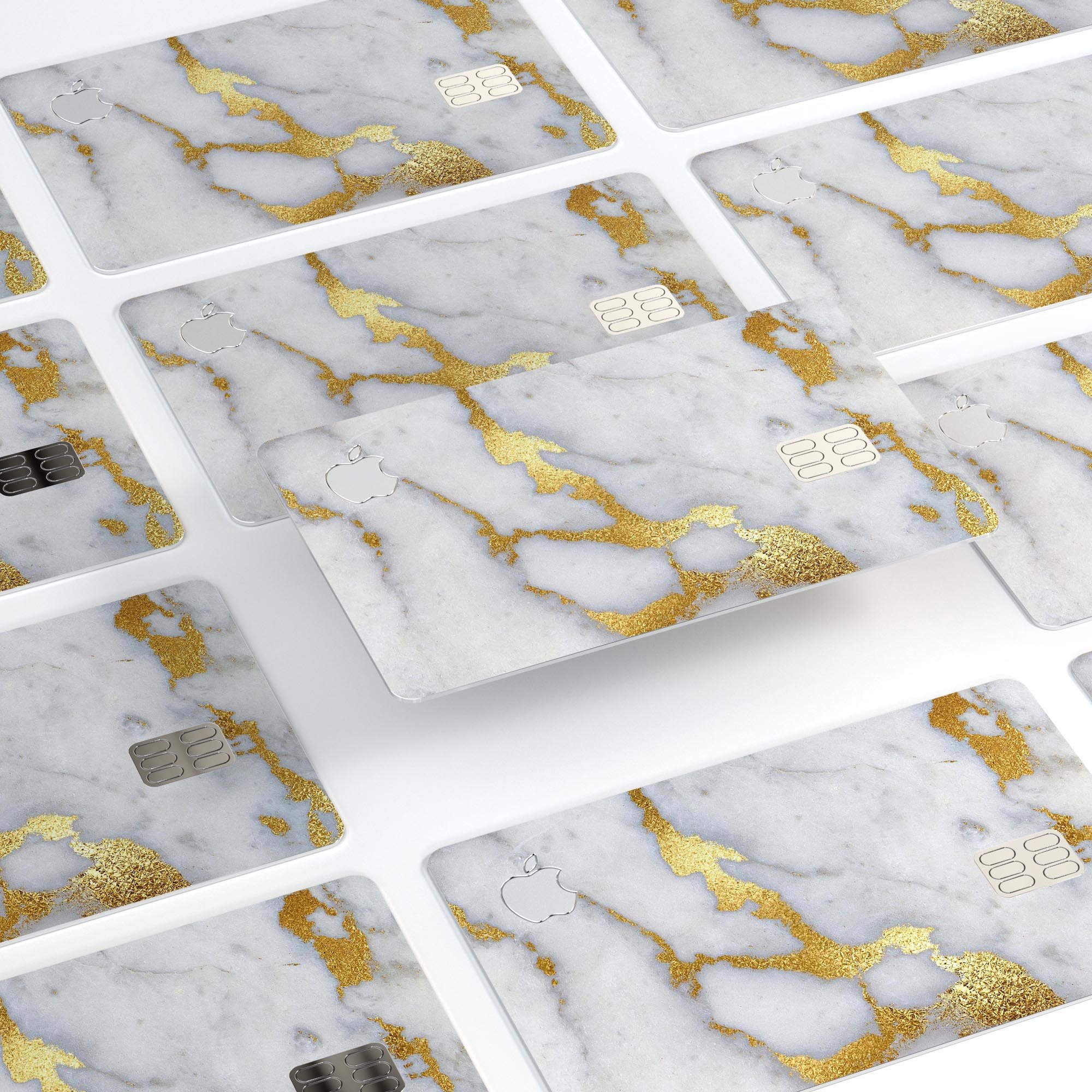 Marble and digital gold foil decal skin for Apple Card, showcasing premium design and protective features.