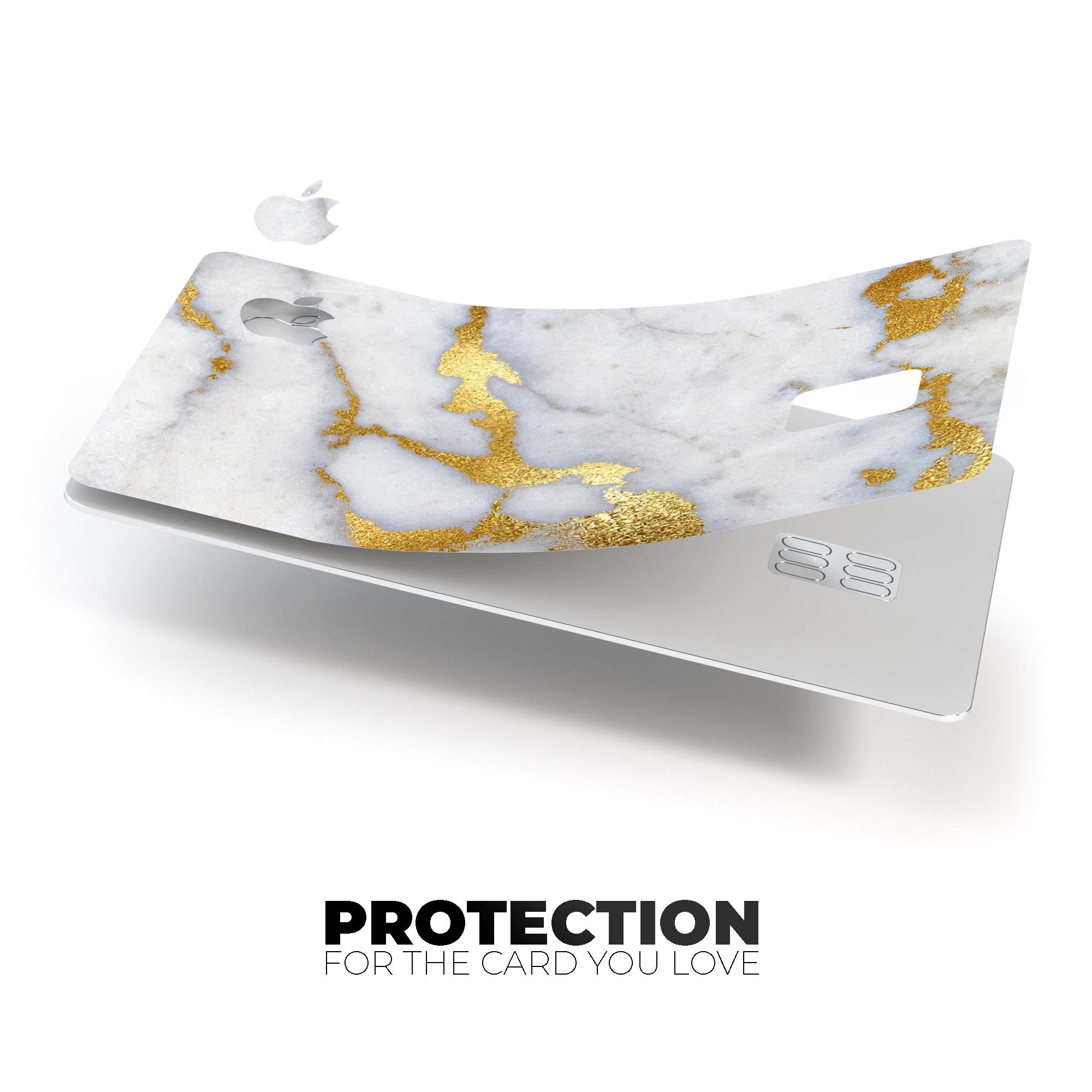 Marble and digital gold foil decal skin for Apple Card, showcasing premium design and protective features.