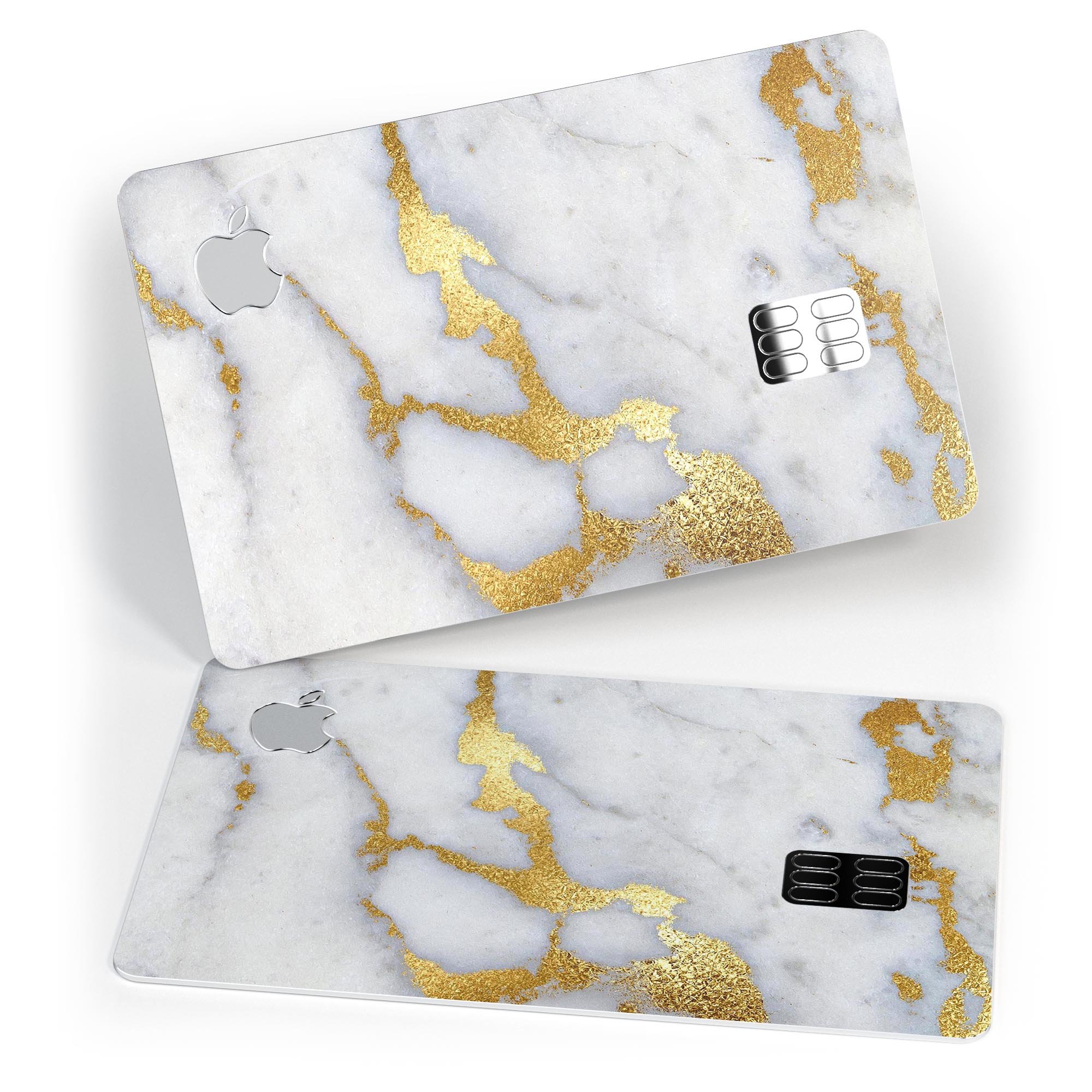Marble and digital gold foil decal skin for Apple Card, showcasing premium design and protective features.