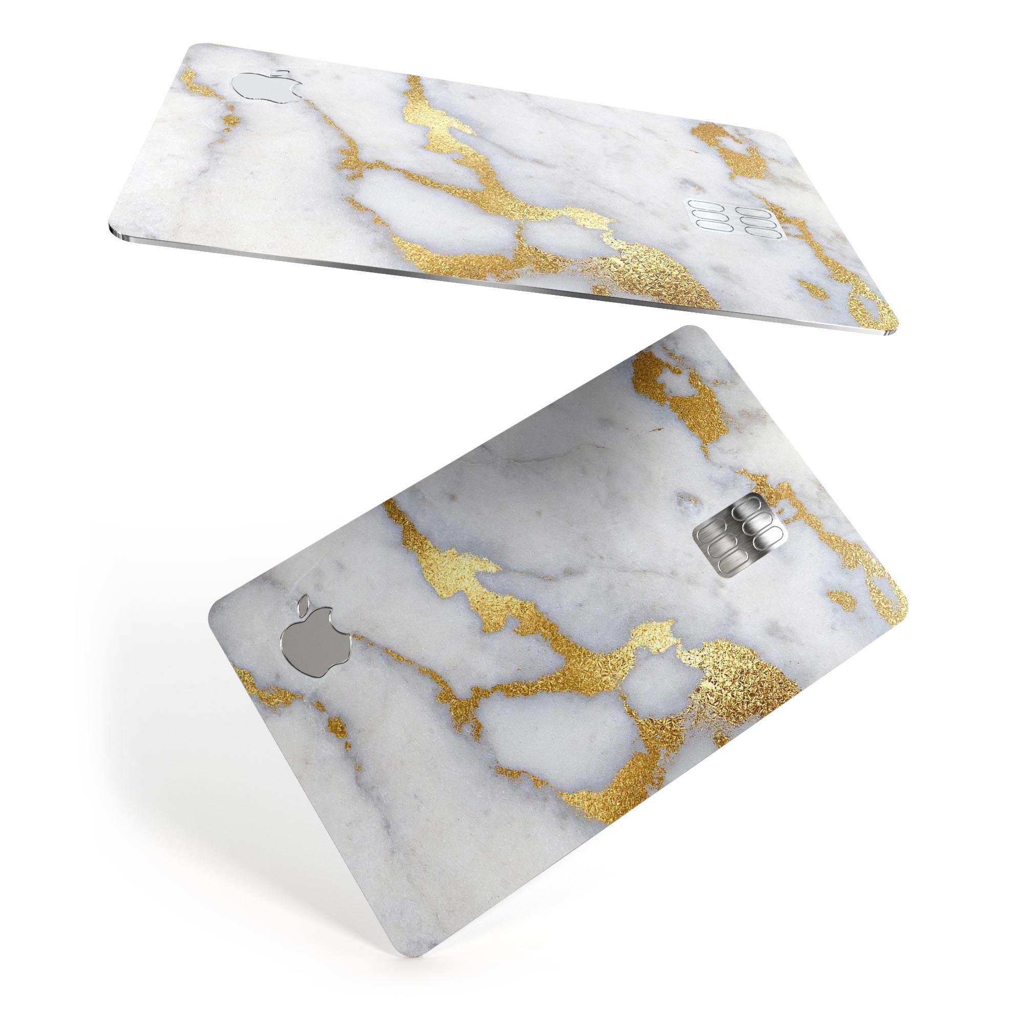 Marble and digital gold foil decal skin for Apple Card, showcasing premium design and protective features.