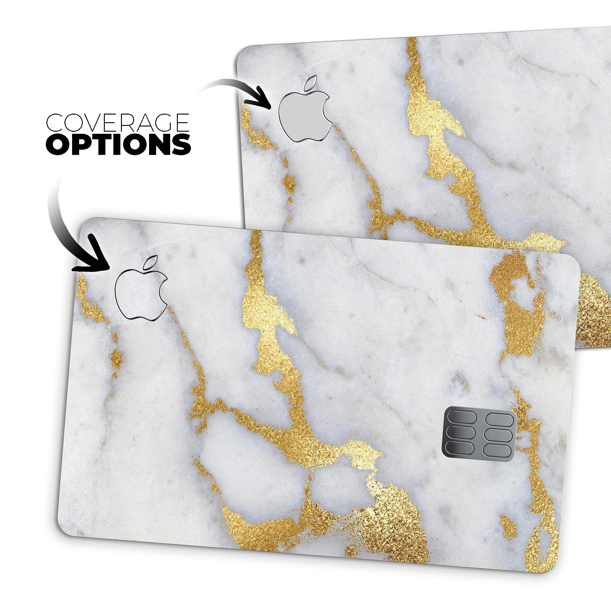 Marble and digital gold foil decal skin for Apple Card, showcasing premium design and protective features.