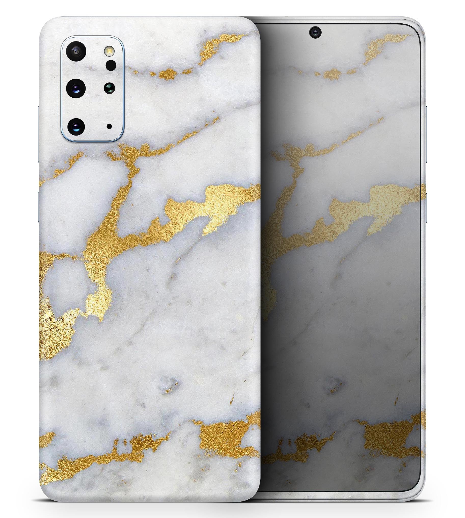 Marble and Digital Gold Foil skin for Samsung Galaxy S20, showcasing a stylish design with a glossy finish.